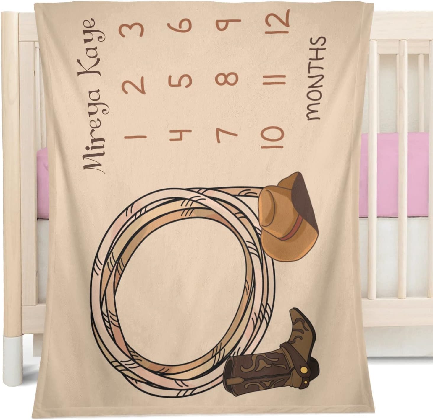 Deven Personalized Baby Blanket - Soft Cowboy Hat Boot Milestone Blanket 30x40 in