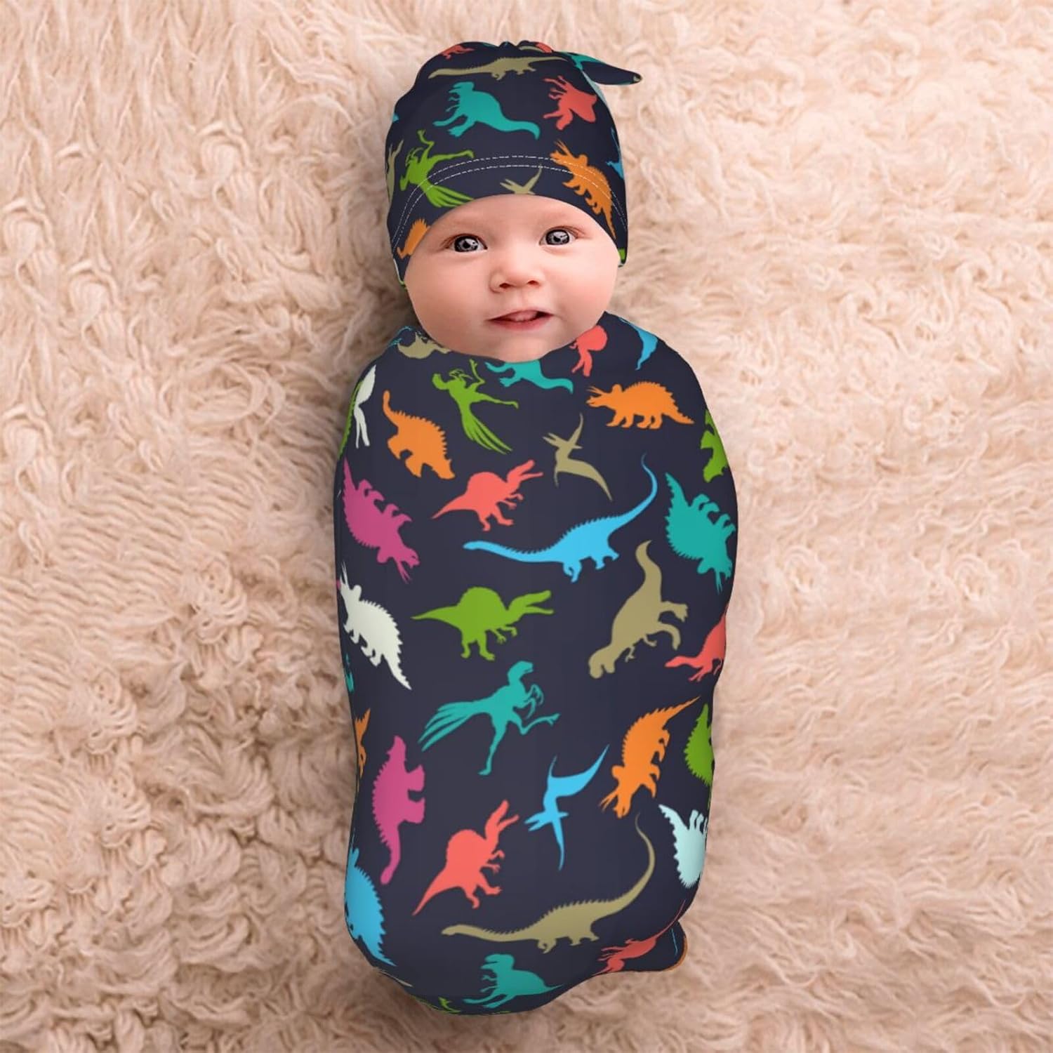 WELBB Dinosaur Swaddle Blanket Beanie Set for Newborns