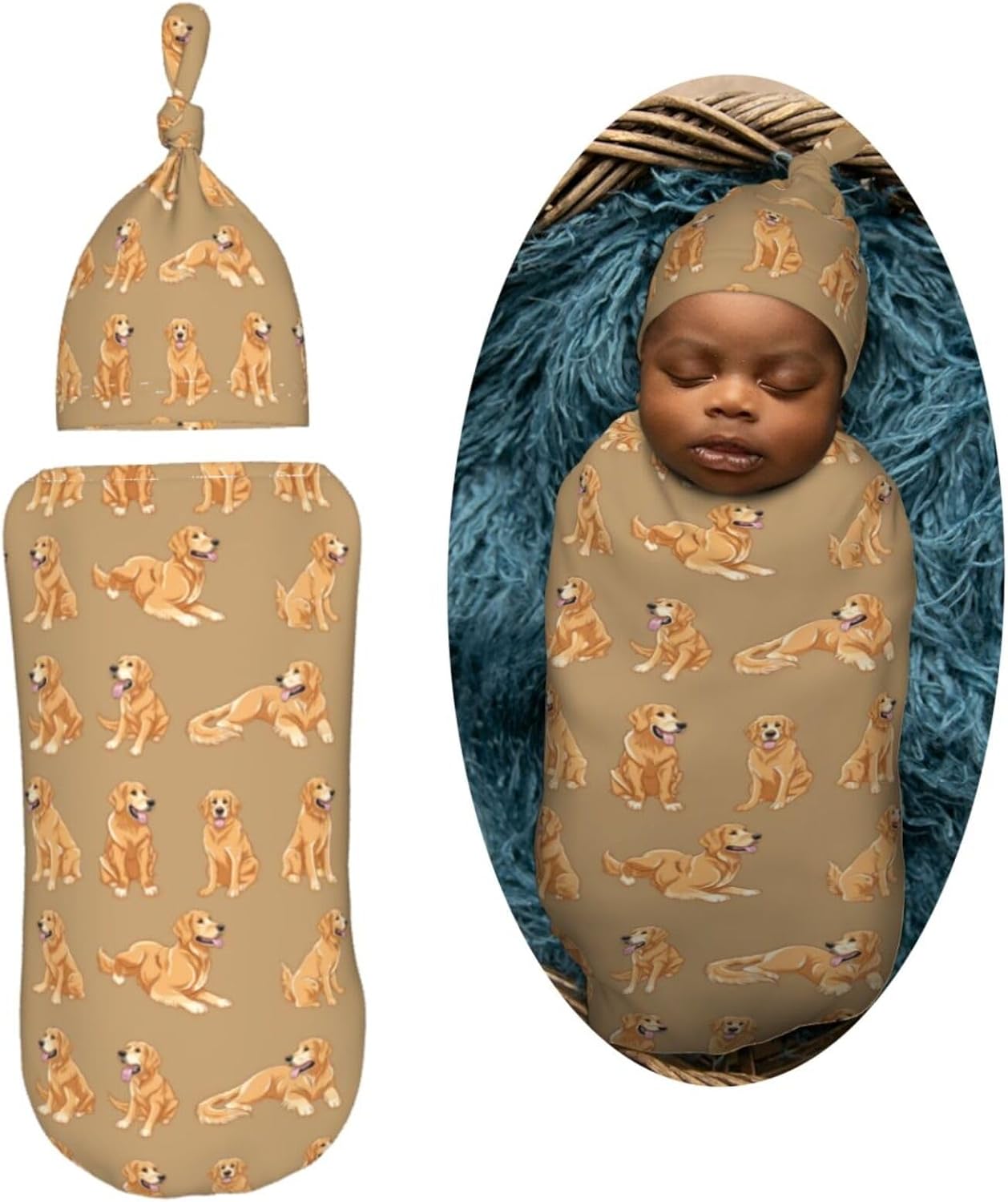 Funny Cute Golden Retriever Swaddle Blanket and Beanie Hat Set