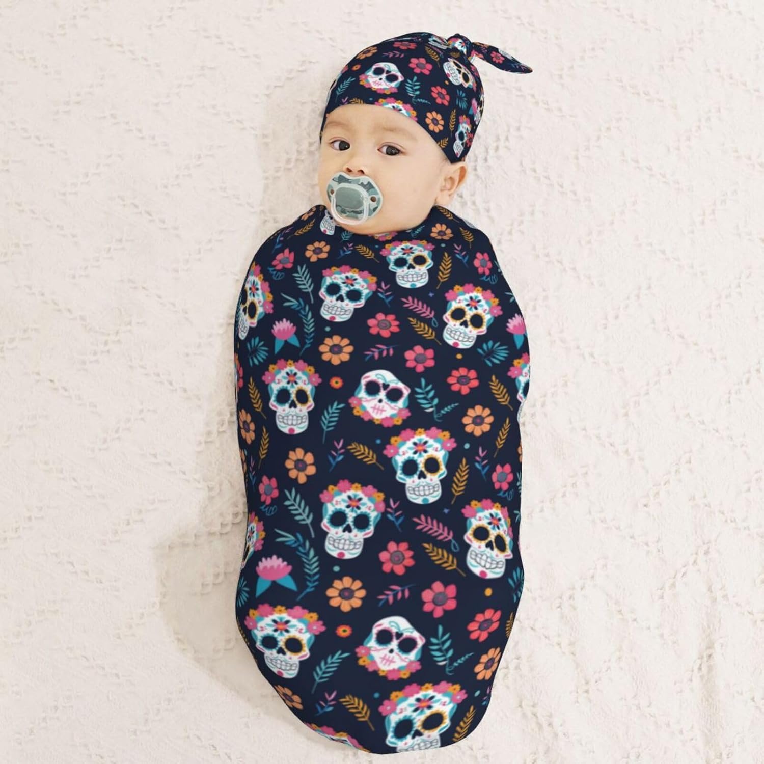 Muishi Sugar Skulls Flower Swaddle Blanket and Beanie Hat Set