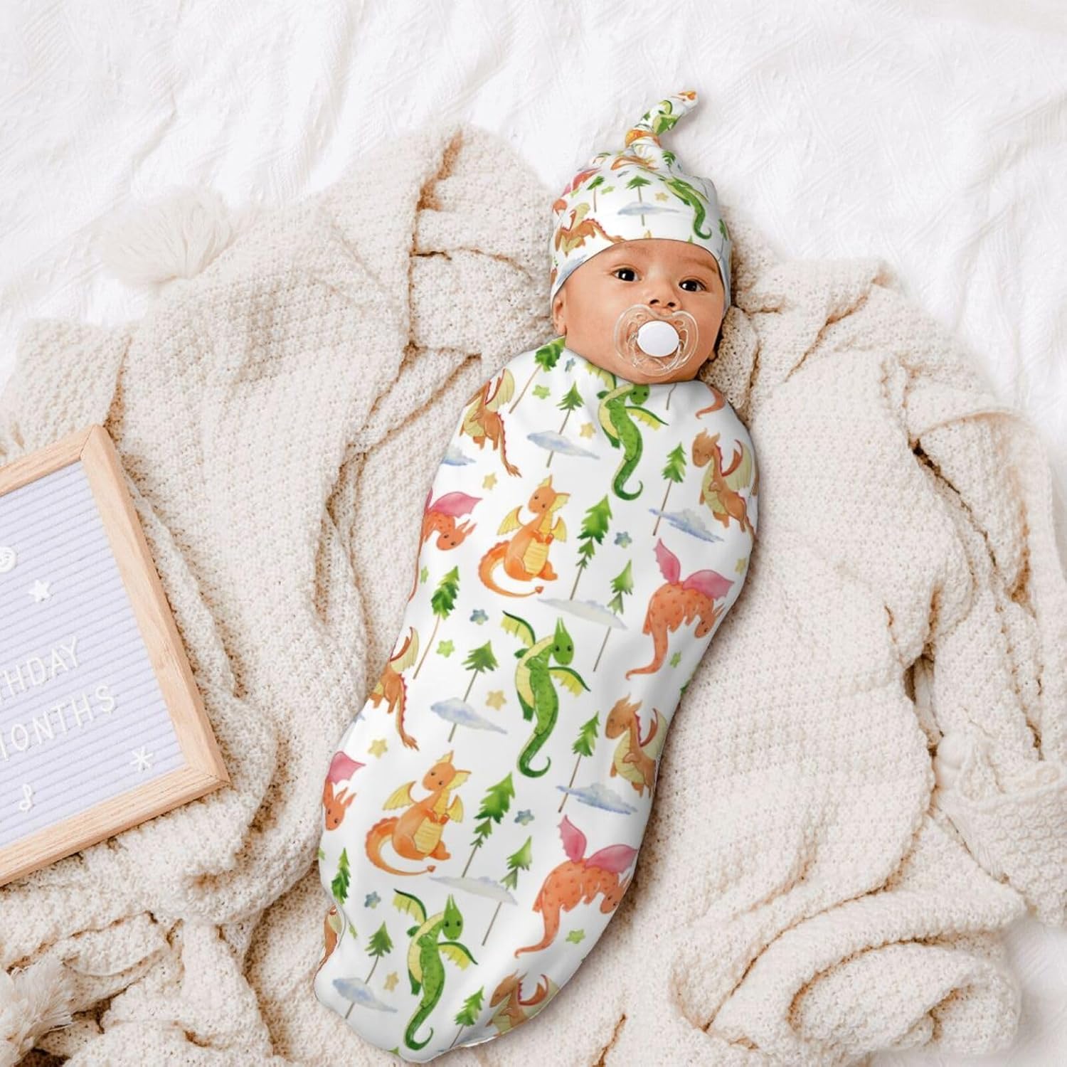Dragon and Tree Print Swaddle Blanket with Beanie Set