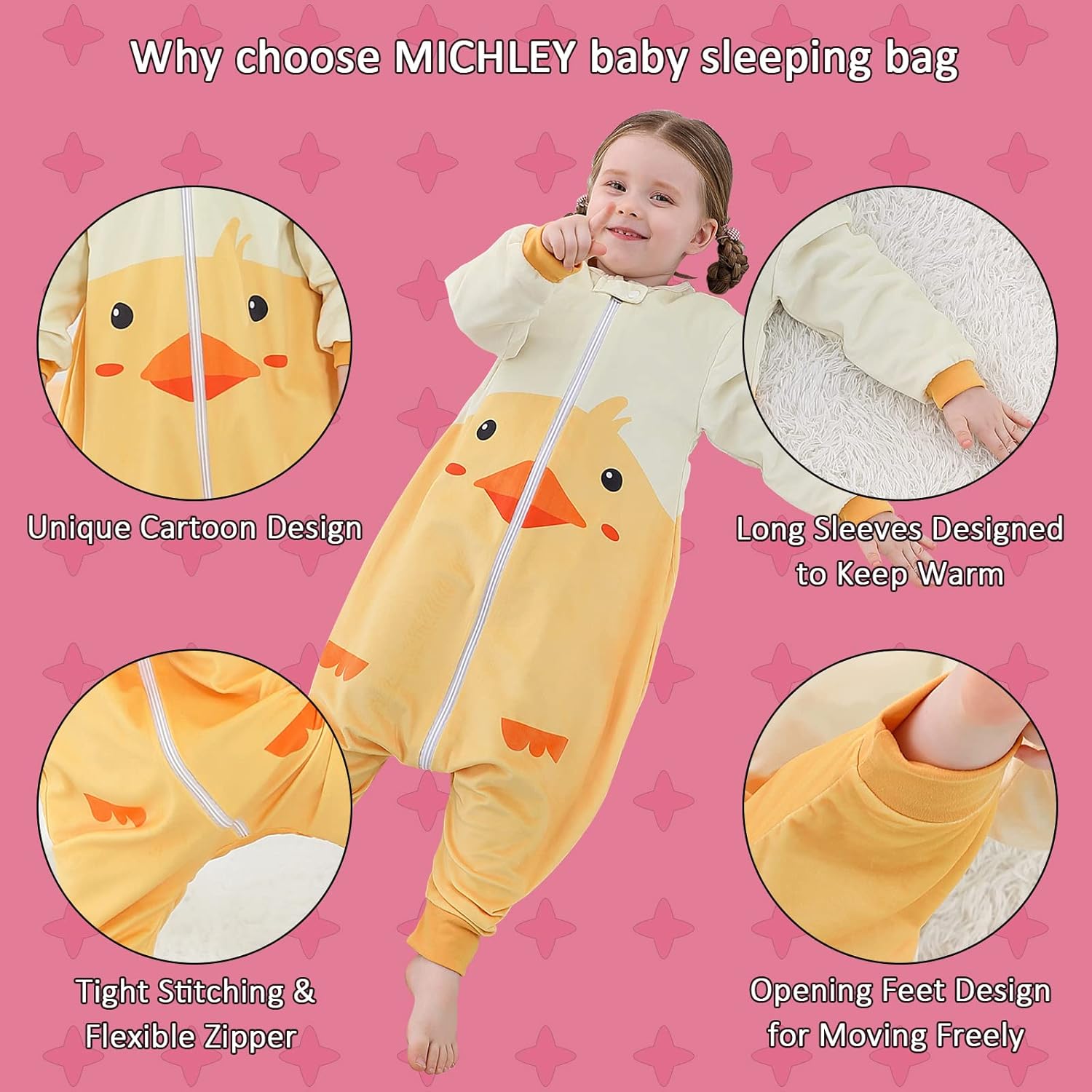 MICHLEY Baby Sleeping Bag Long Sleeve with Feet for 1-3 Years