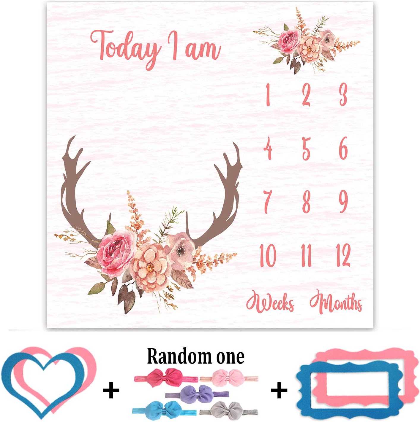 PHMOJEN Monthly Milestone Blanket for Baby Girl Pink Deer Antler Flowers