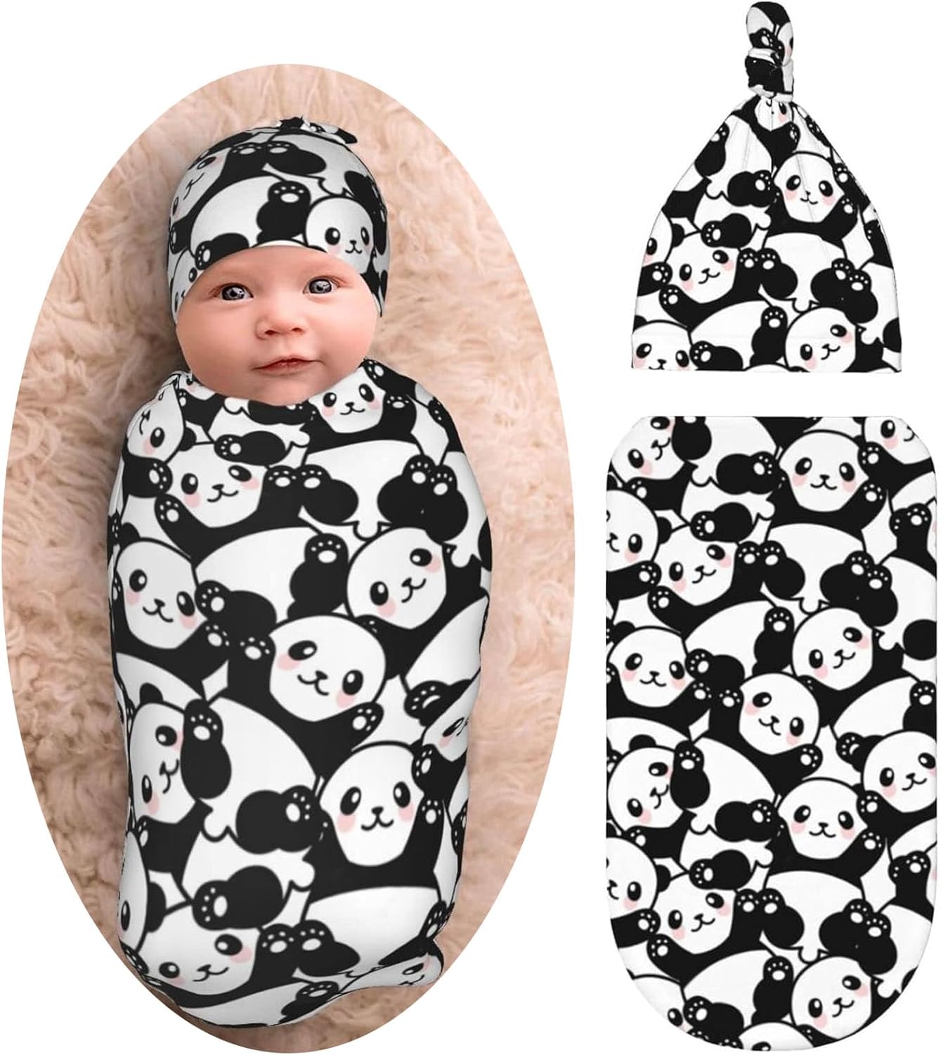 Osvbs Panda Baby Swaddle Blanket Beanie Set