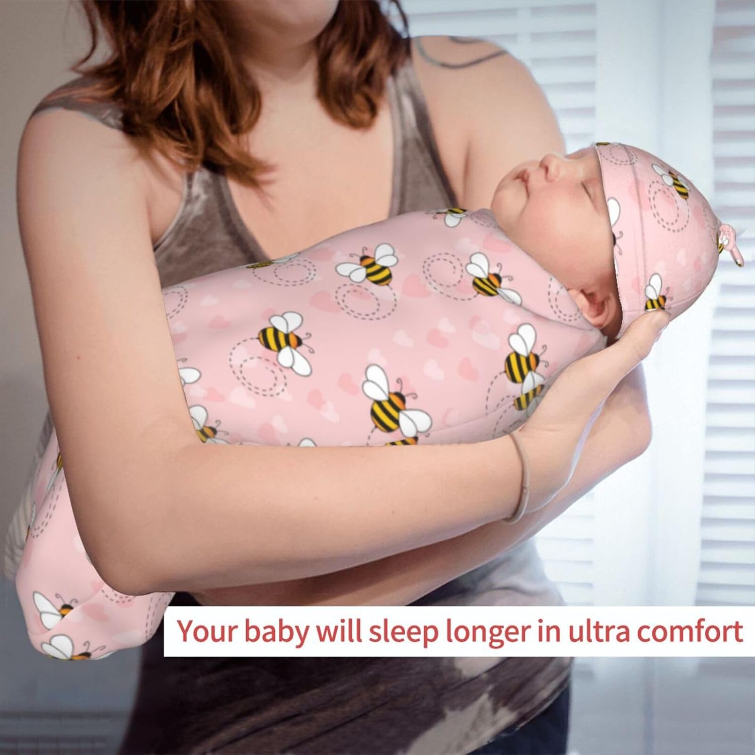 Sozzjile Cute Bee Swaddle Blanket Beanie Set for Newborn