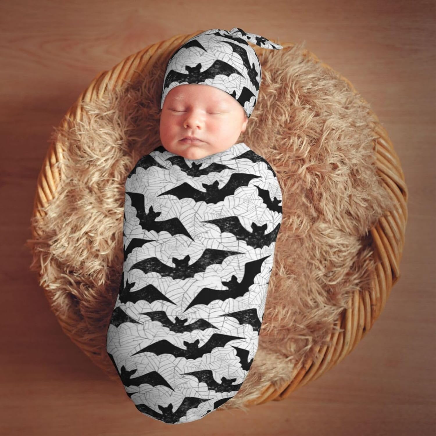 Muishi Black Bat Newborn Swaddle Blanket Hat Set 1