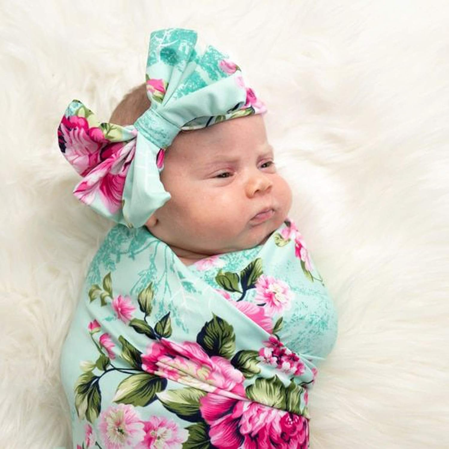 AQOKKA Newborn Swaddle Blanket with Bow Hat and Headband Set