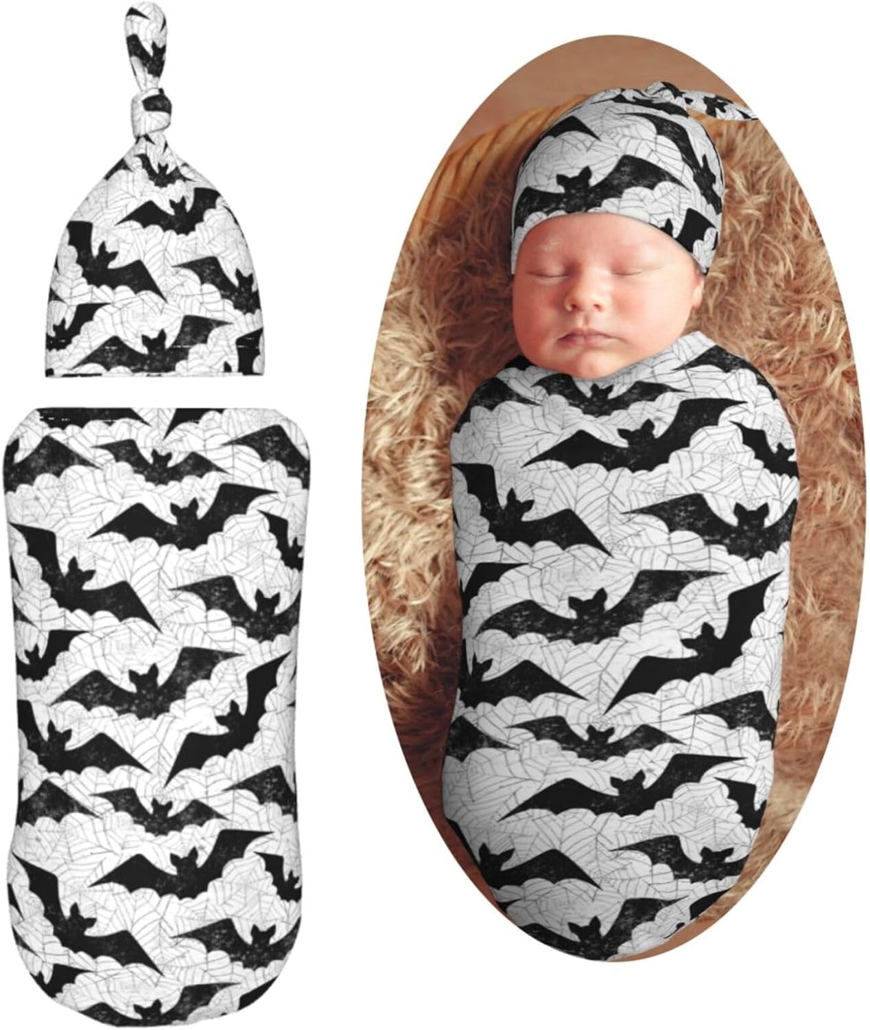 Muishi Black Bat Newborn Swaddle Blanket Hat Set 1