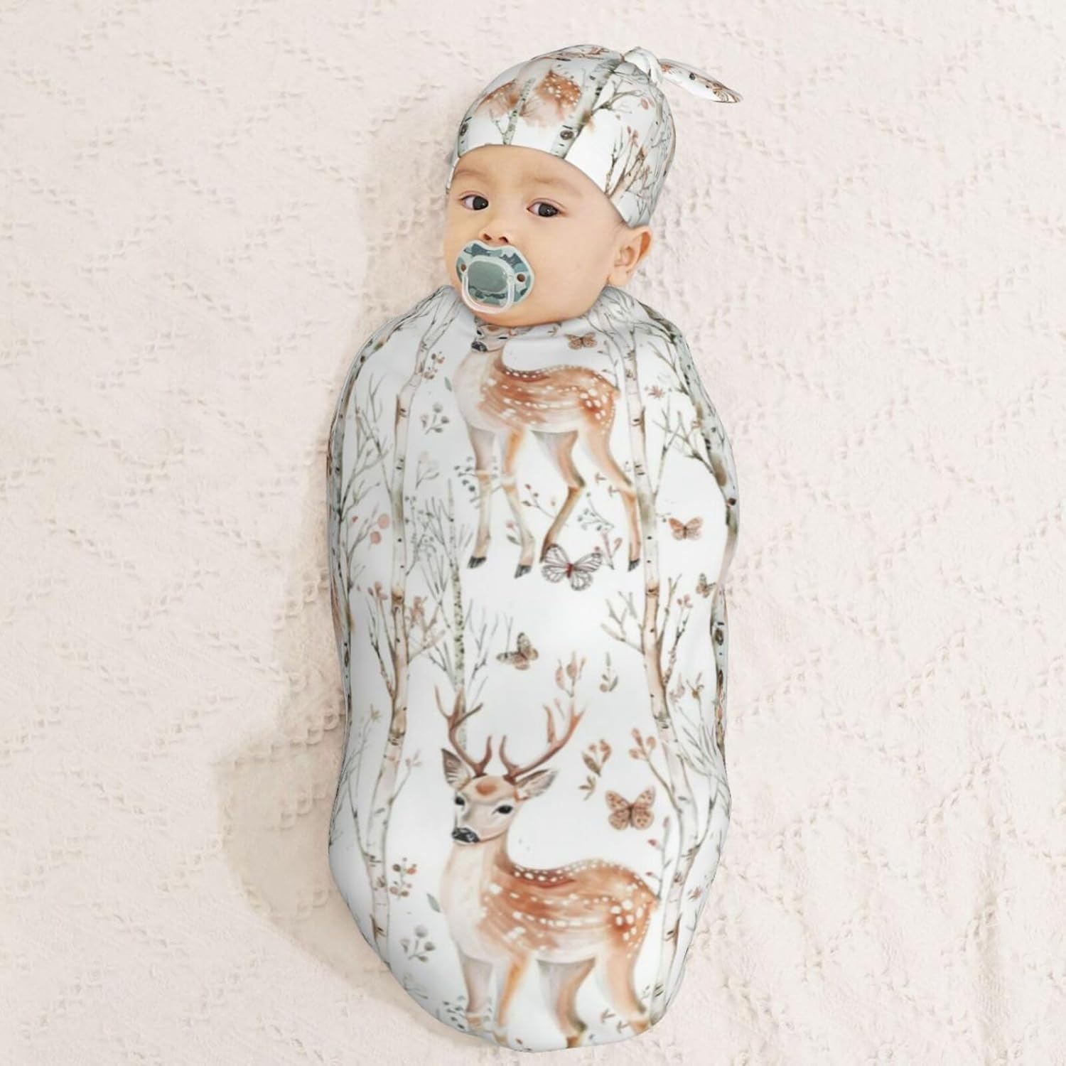 Cute Deer Wooden Swaddle Blanket with Beanie Hat Set