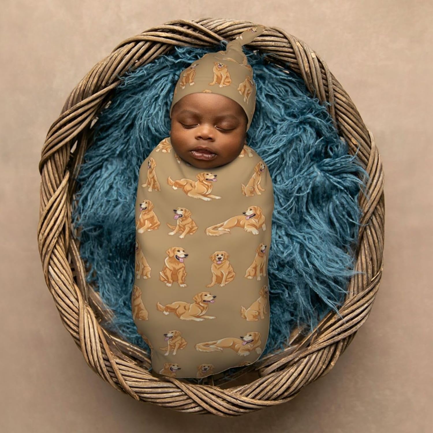 Funny Cute Golden Retriever Swaddle Blanket and Beanie Hat Set