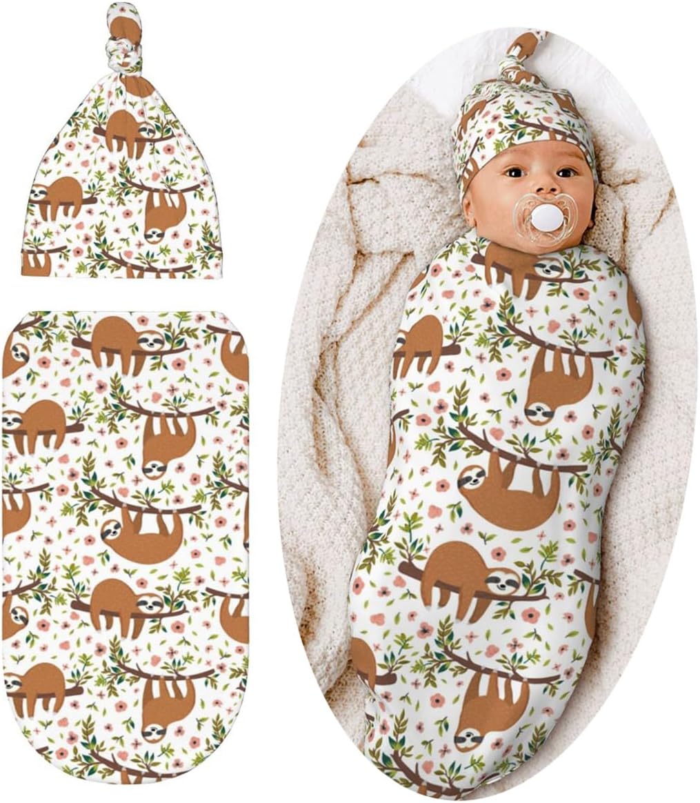 Lcokin Cute Sloth Baby Swaddle Blanket Hat Set
