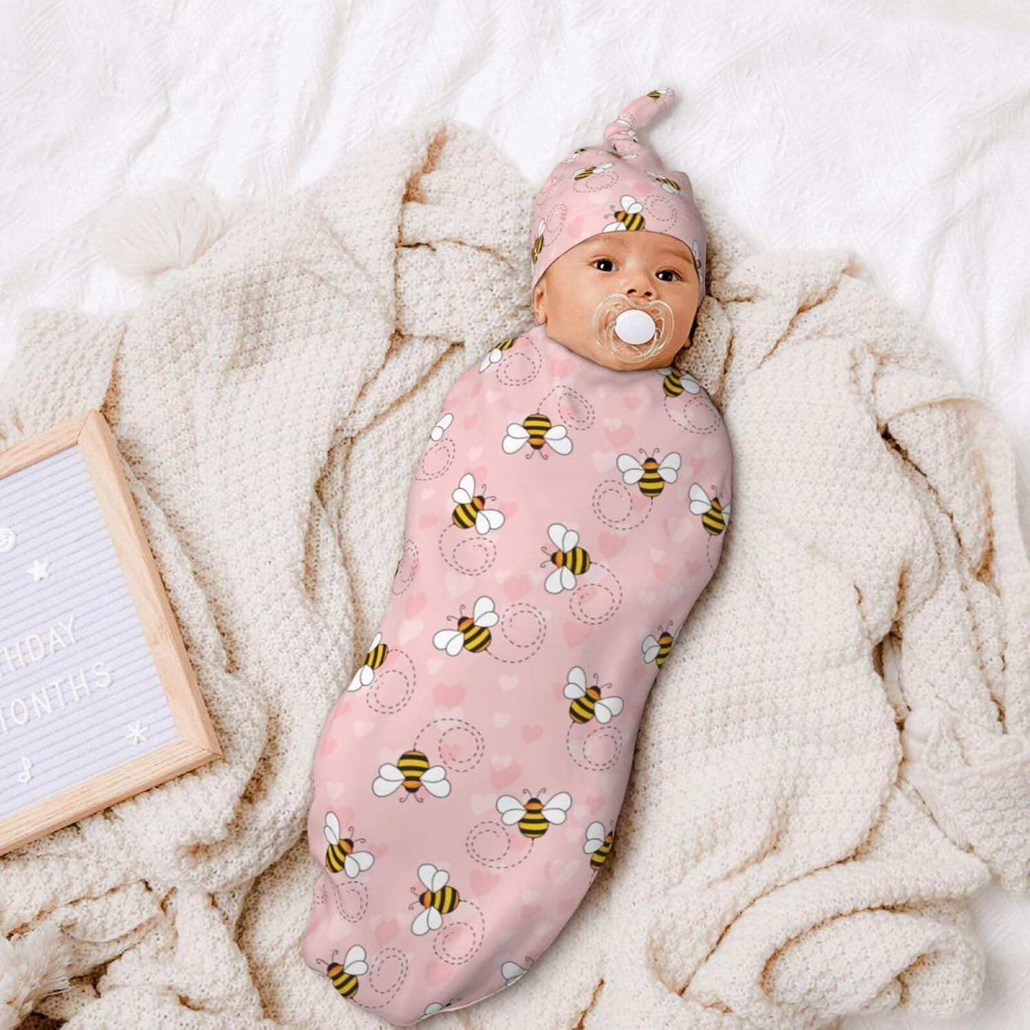 Sozzjile Cute Bee Swaddle Blanket Beanie Set for Newborn