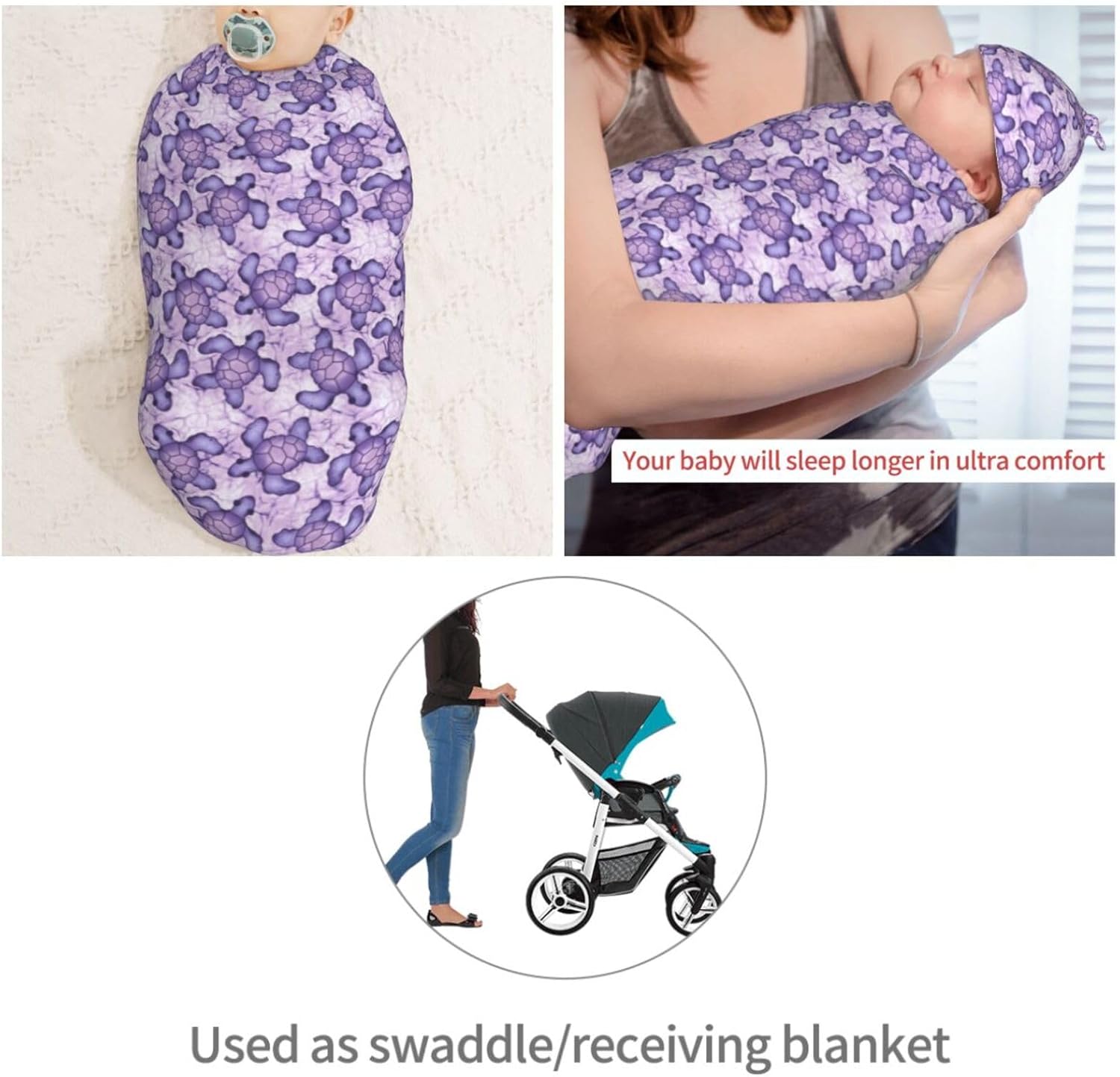 Muishi Purple Sea Turtle Swaddle Blanket Hat Set
