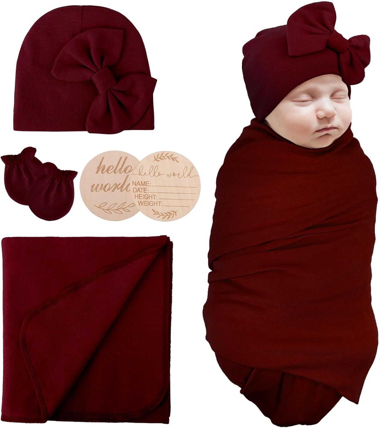 AQOKKA Newborn Swaddle Blanket with Bow Hat Mittens Wooden Card Set 1