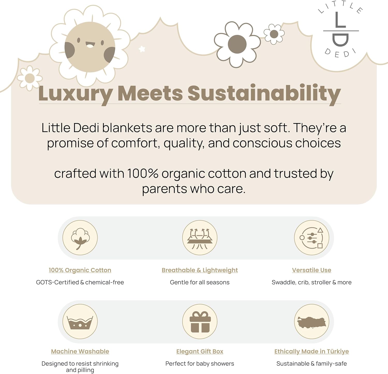 Little Dedi 100 Organic Cotton Baby Blanket - 30x40 Neutral Earth Ivory