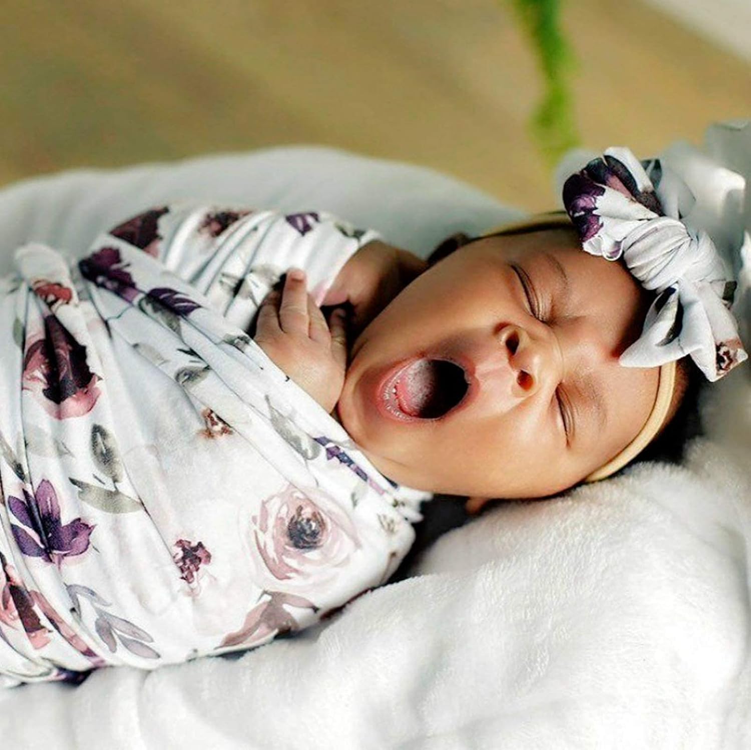 Baby Swaddle Blanket with Headband Set Purple Flowers