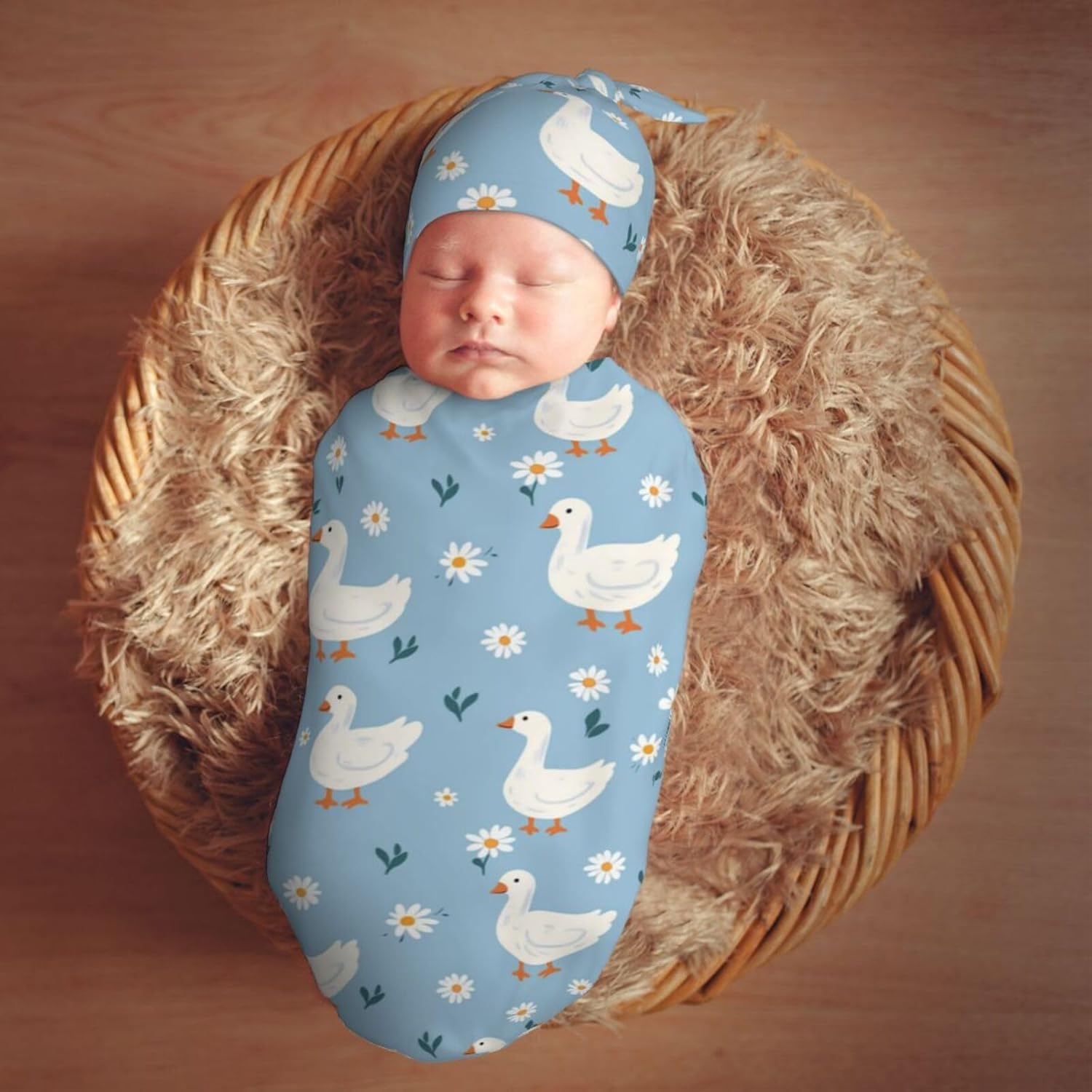 KiuLoam Cute White Geese Swaddle Blanket Set