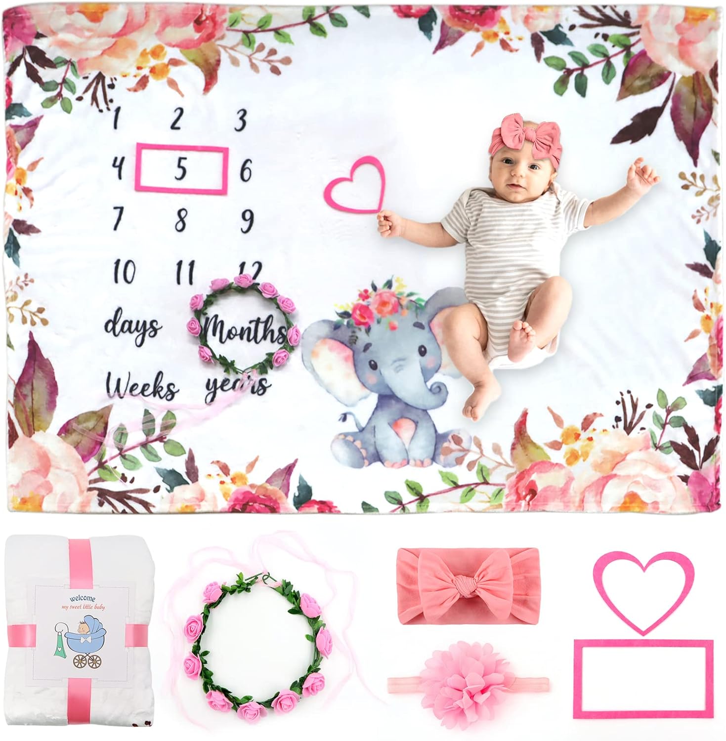 SPOKKI 6 Piece Baby Milestone Blanket with Headband