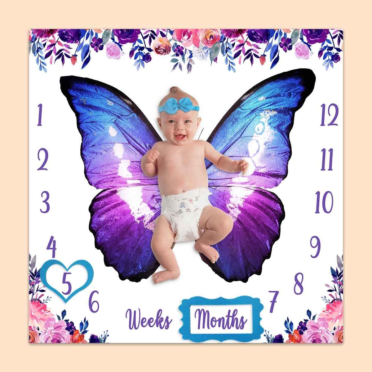 PHMOJEN Baby Monthly Milestone Blanket with 4 Frames and Headband