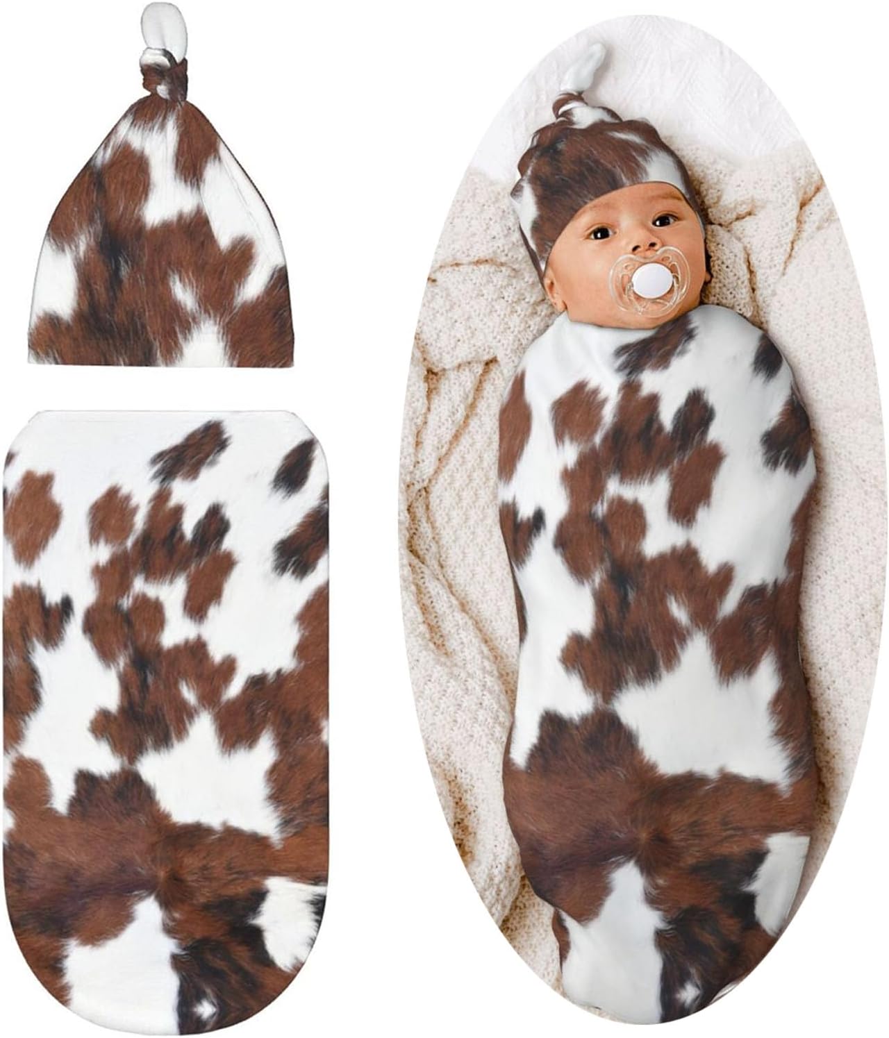 Brown Cow Print Swaddle Blanket with Hat for Newborns