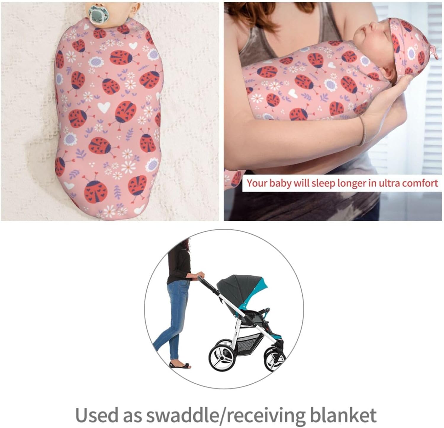 Muishi Ladybugs Hearts Flowers Swaddle Blanket Hat Set