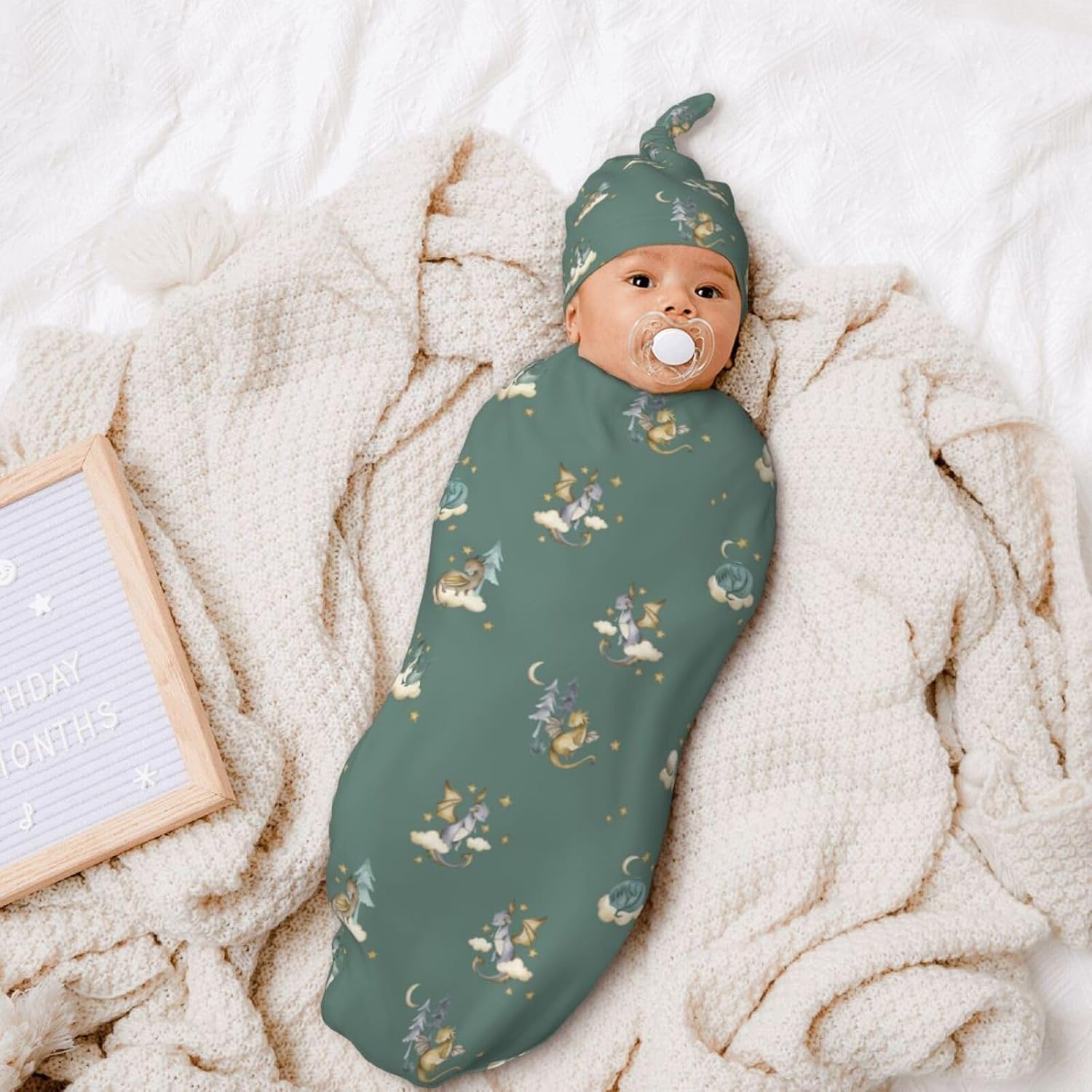 Sozzjile Cute Dragon Print Baby Swaddle Blanket with Beanie Set