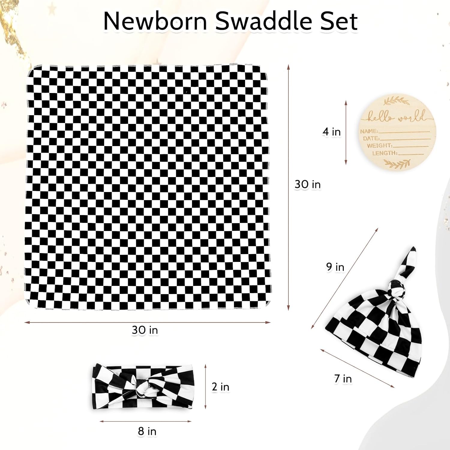 TANOFAR 4-Pack Swaddle Blanket with Headband and Beanie Set Black Checkerboard