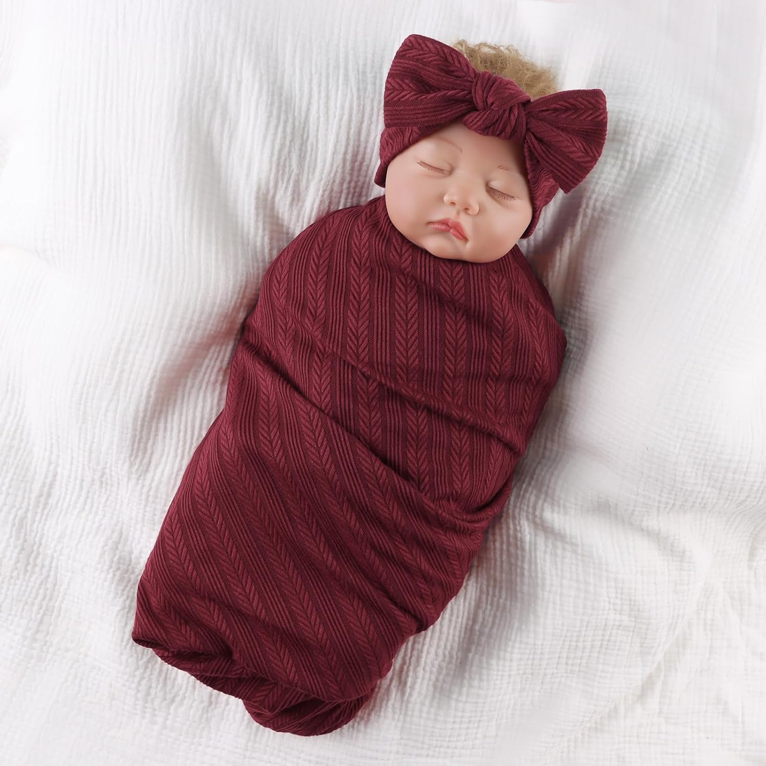 OMUKY Newborn Swaddle Blanket and Headband Set Wine Red