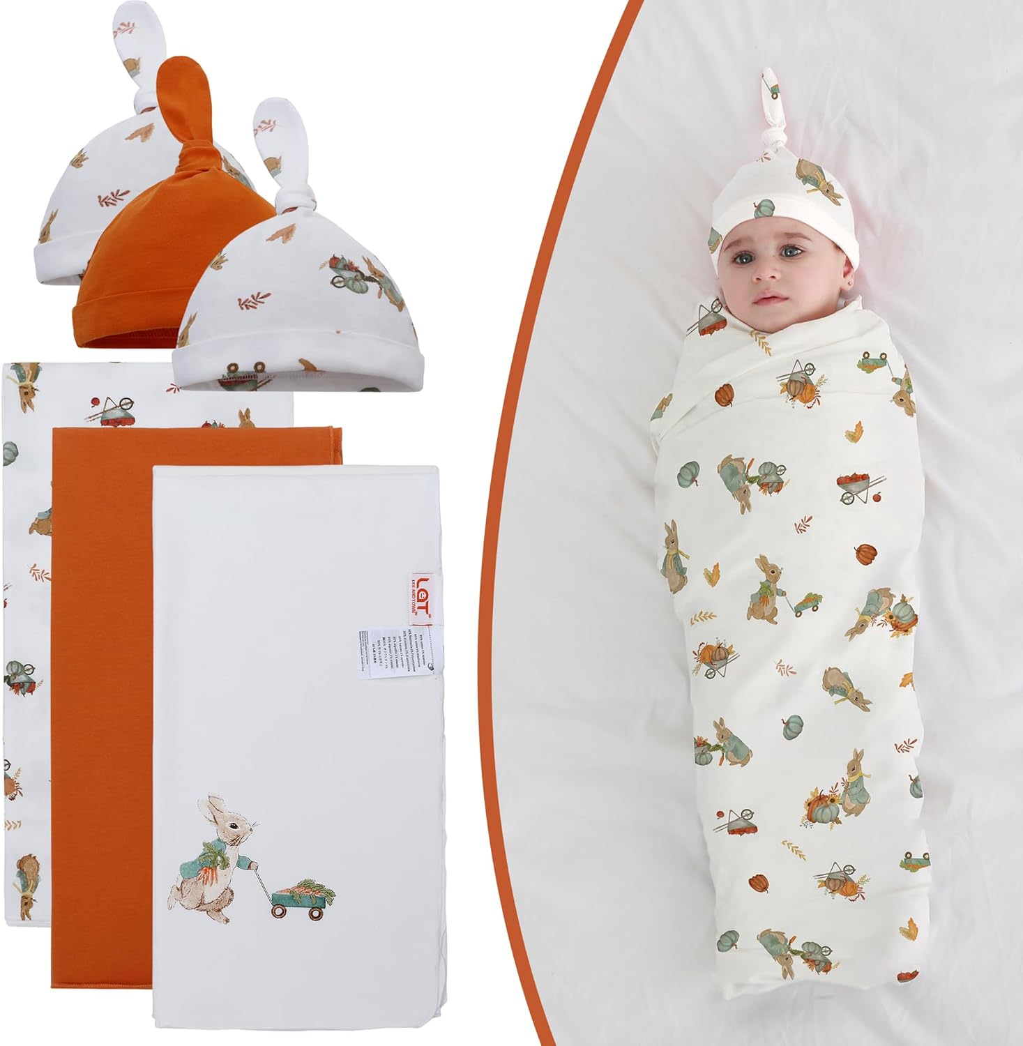 Baby Cotton Swaddle Blanket with Hat 3 Pack 0-6 Months Unisex