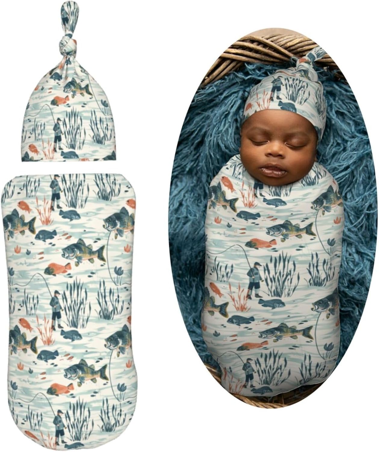 Muishi River Bass Fishes Swaddle Blanket Hat Set 1