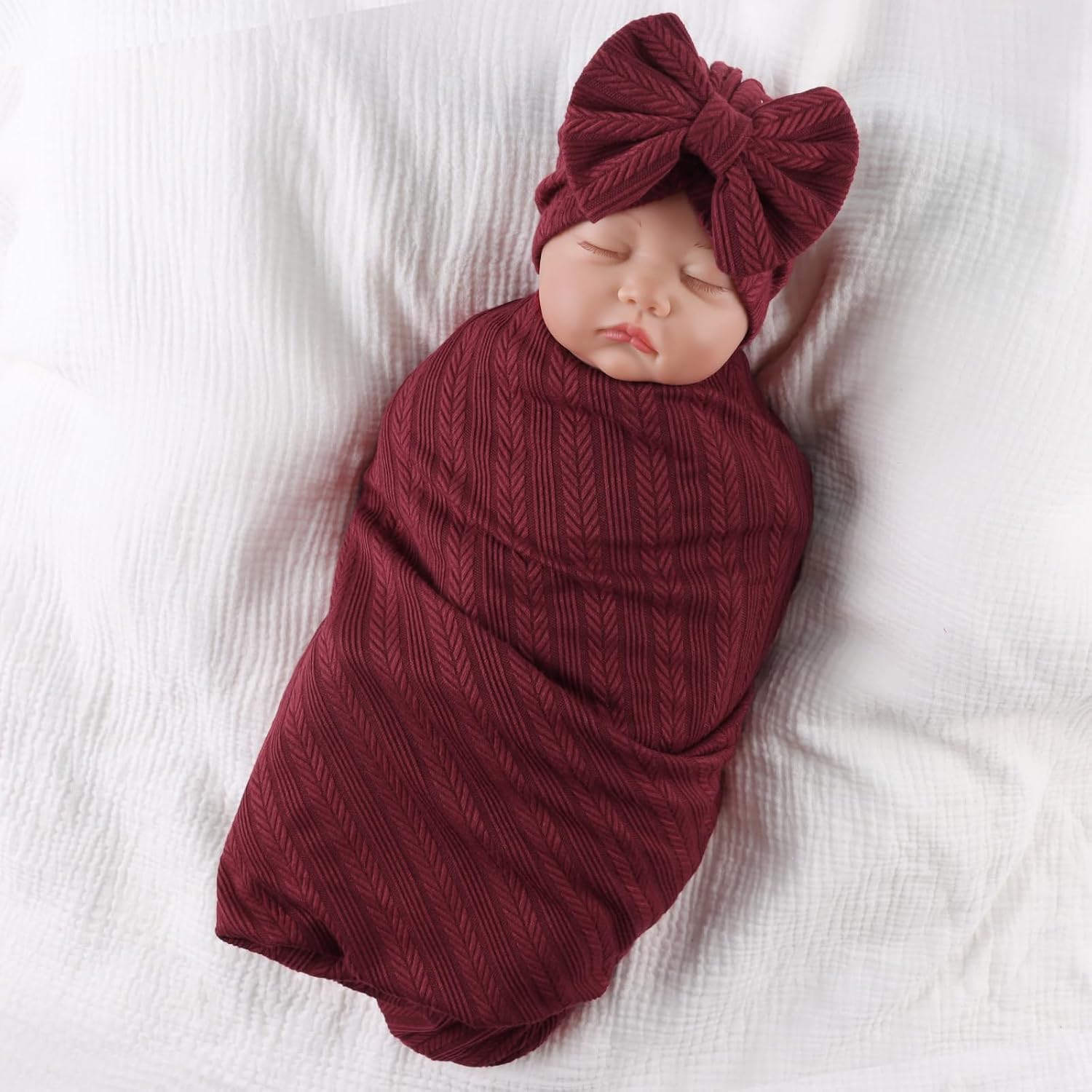 OMUKY Newborn Swaddle Blanket and Headband Set Wine Red