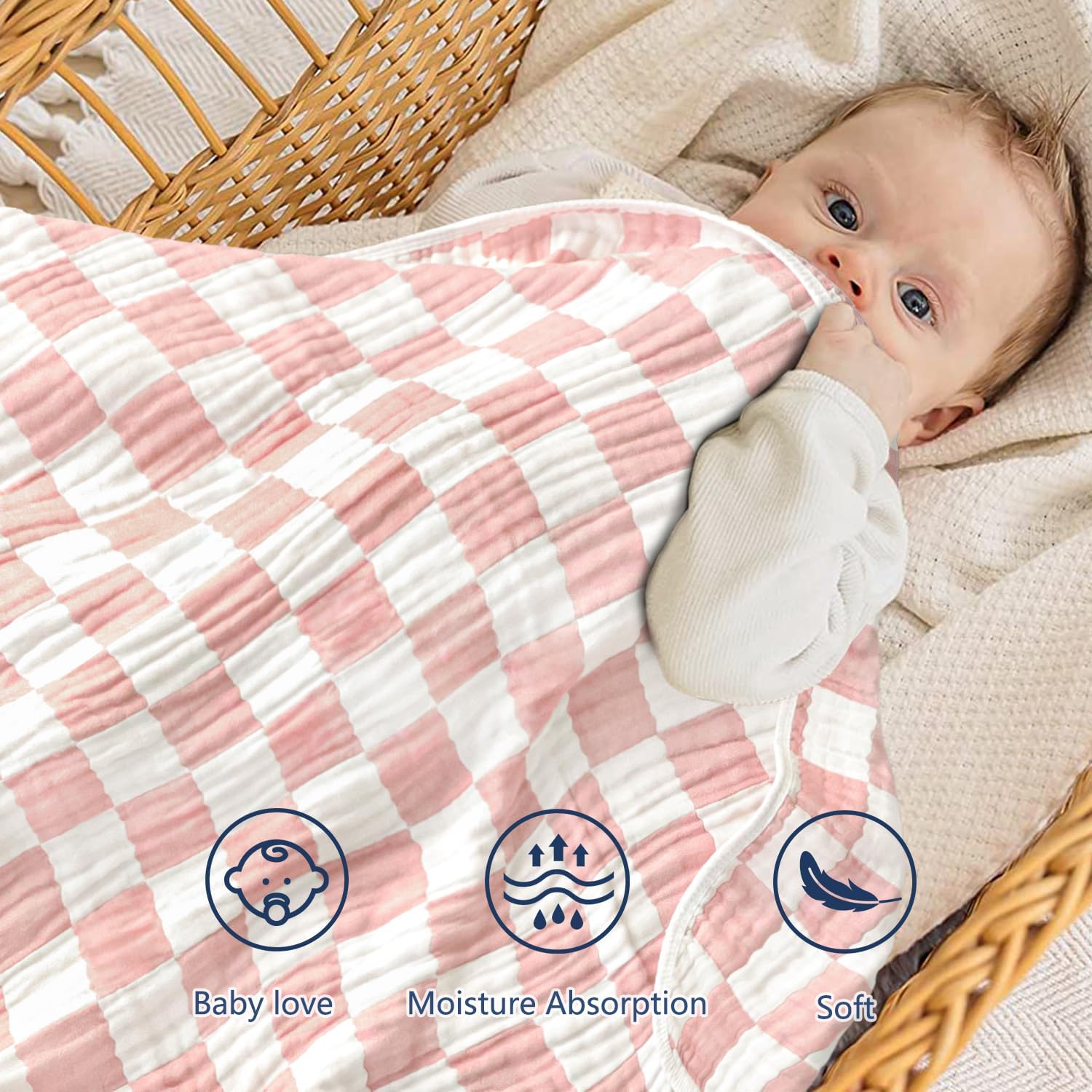 BEILIMU Muslin Swaddle Blanket 43x43in Light Pink Chessboard