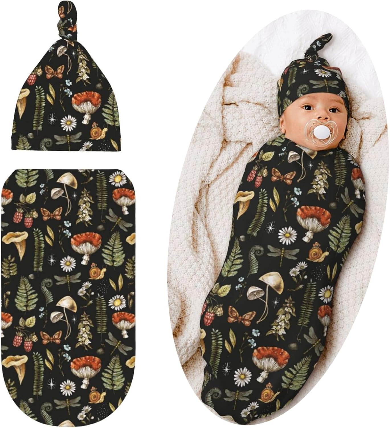 Qwalnely Mushroom Swaddling Blanket with Hat for Newborn
