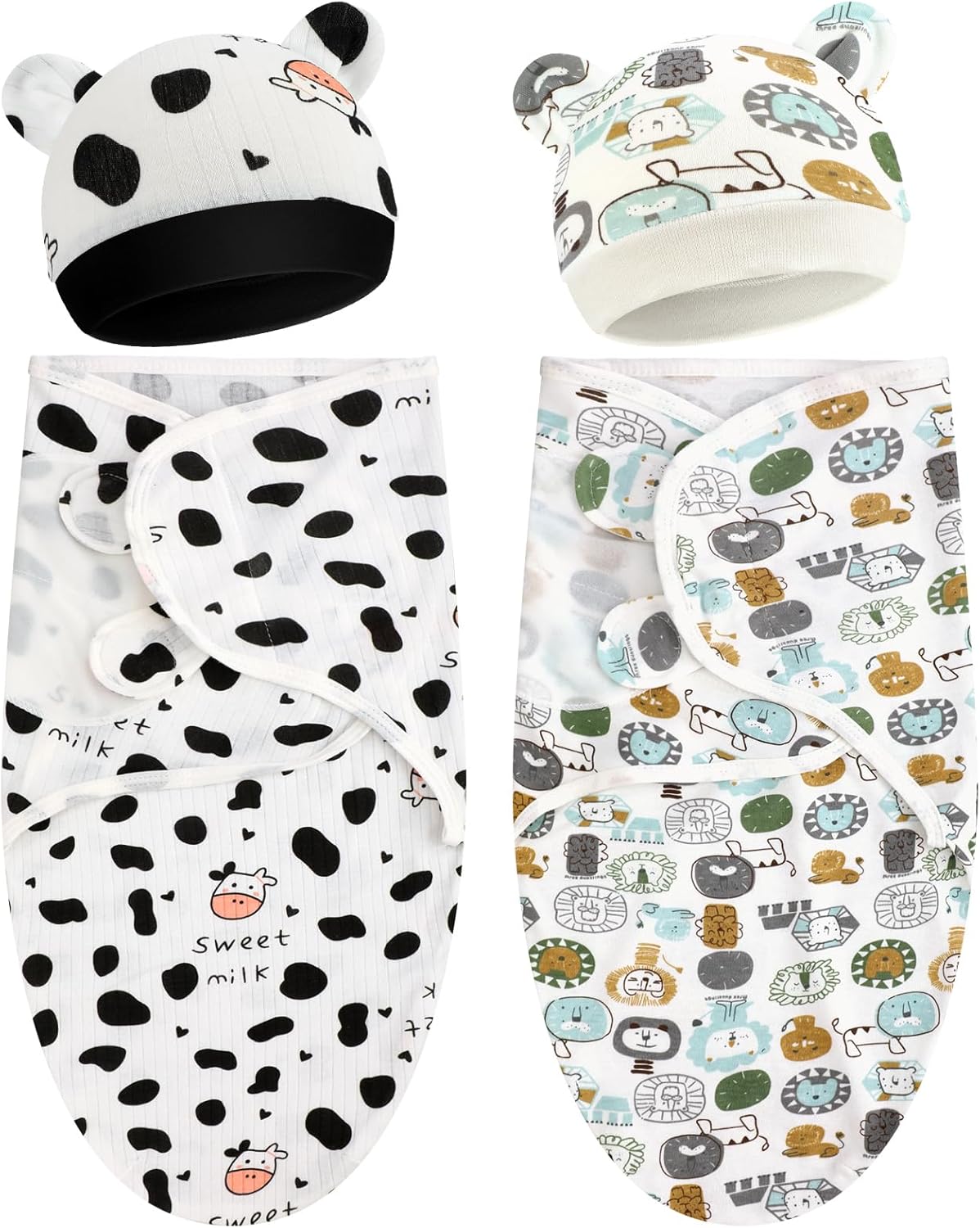 2 Pack Preemie Baby Swaddle Blanket with Cow Hat Set