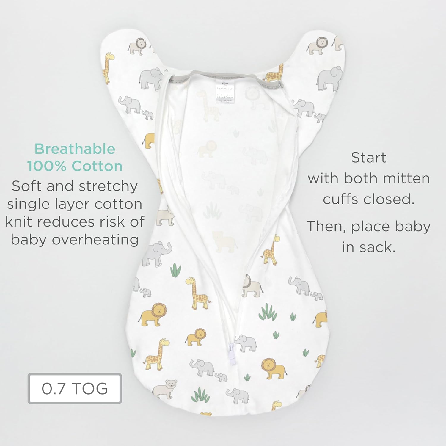 Amazing Baby Transitional Swaddle Sack - Tiny Elephants Medium 3-6 Months