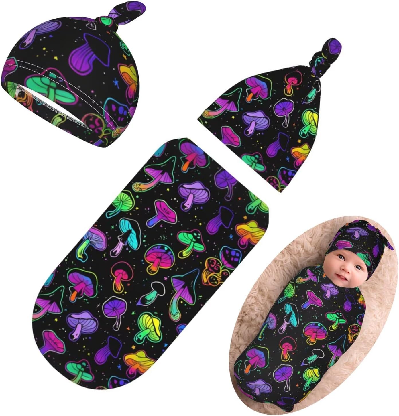 Mushroom Shape Swaddle Blanket Beanie Hat Set for Newborns