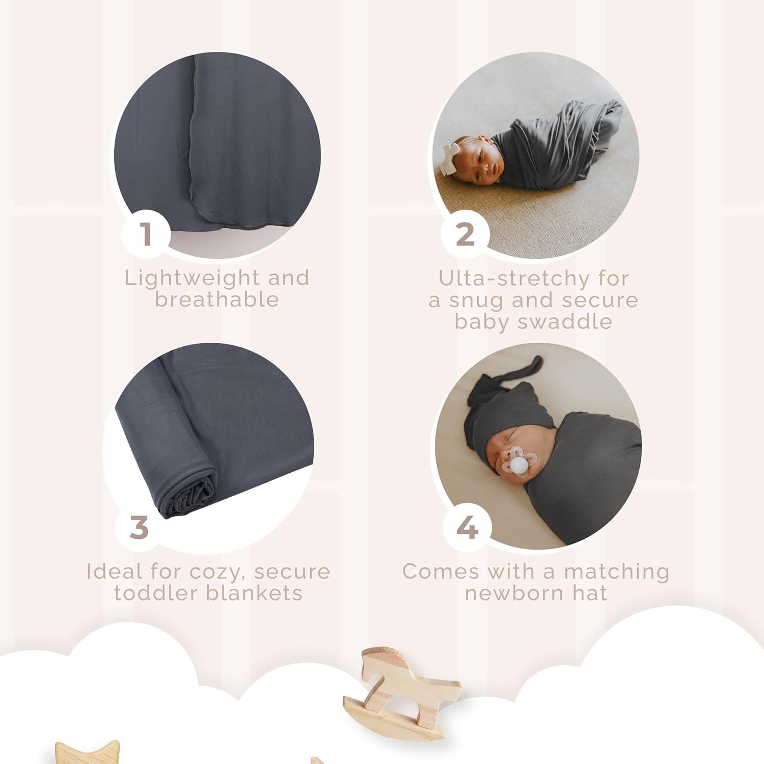 Nyte Nyte Baby Swaddle Blanket with Beanie Set 120x120cm Gray