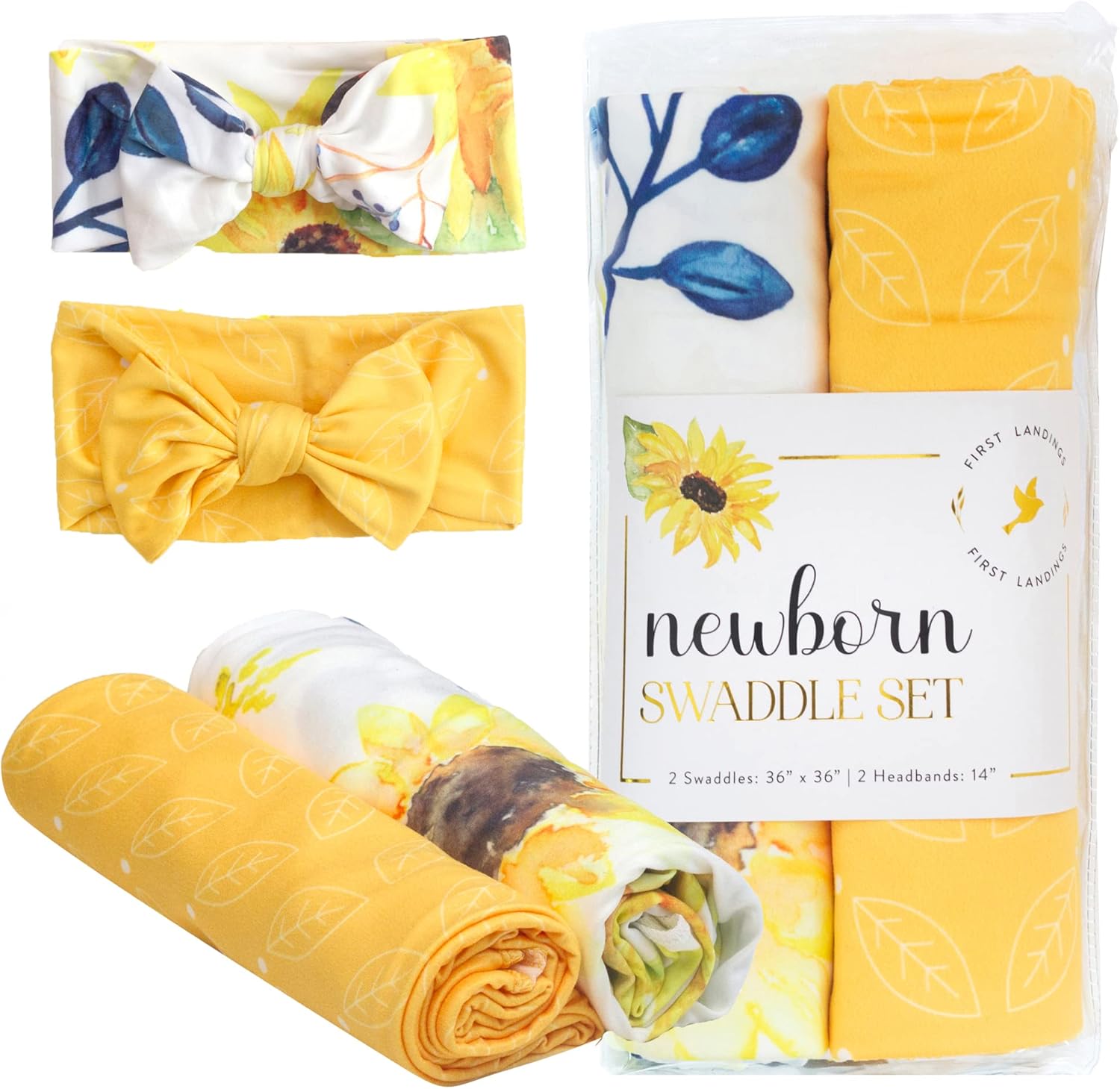 First Landings Newborn Swaddle Set - 36 x 36 with Matching Headbands
