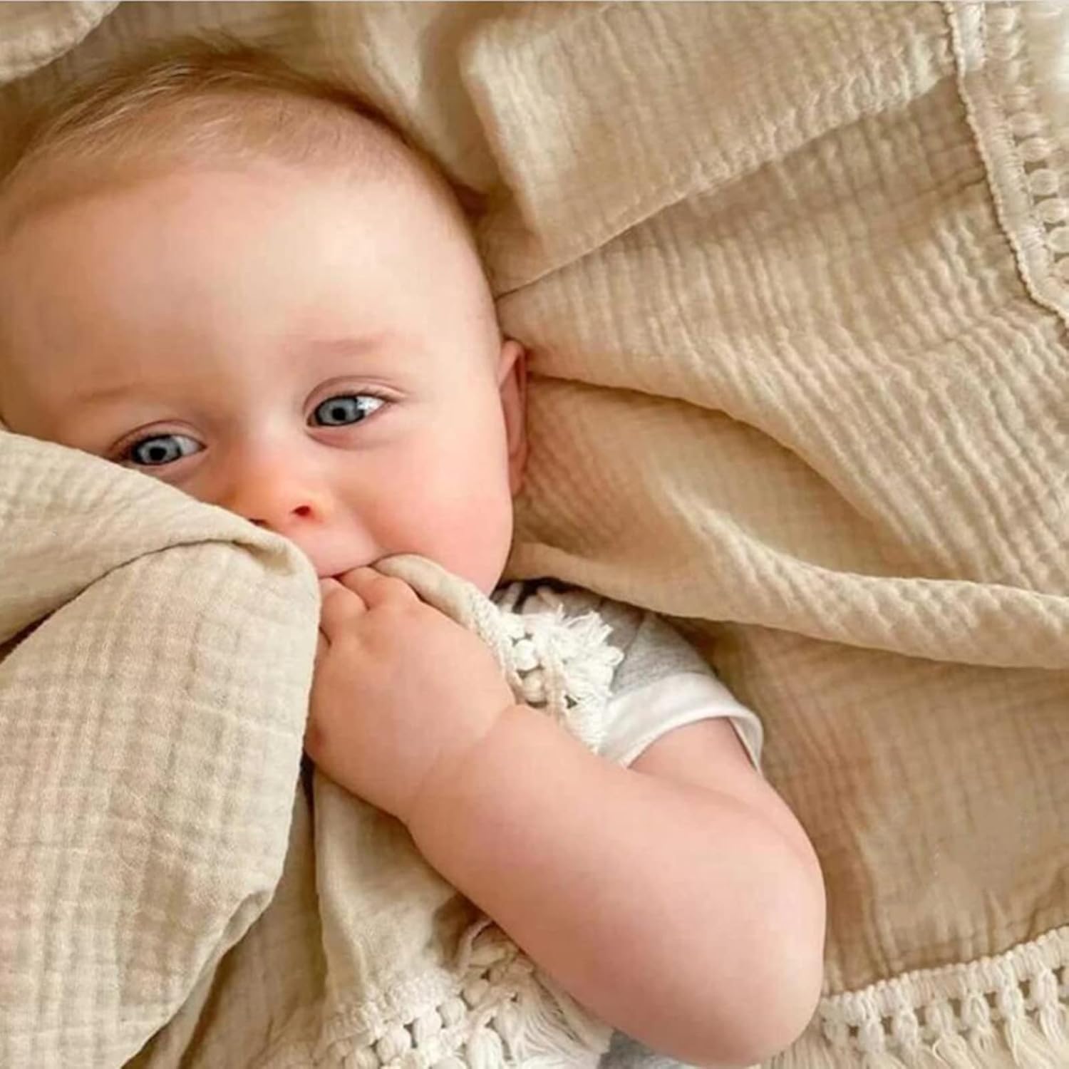 Insular Cotton Muslin Baby Blanket with Tassel 47x40 Khaki