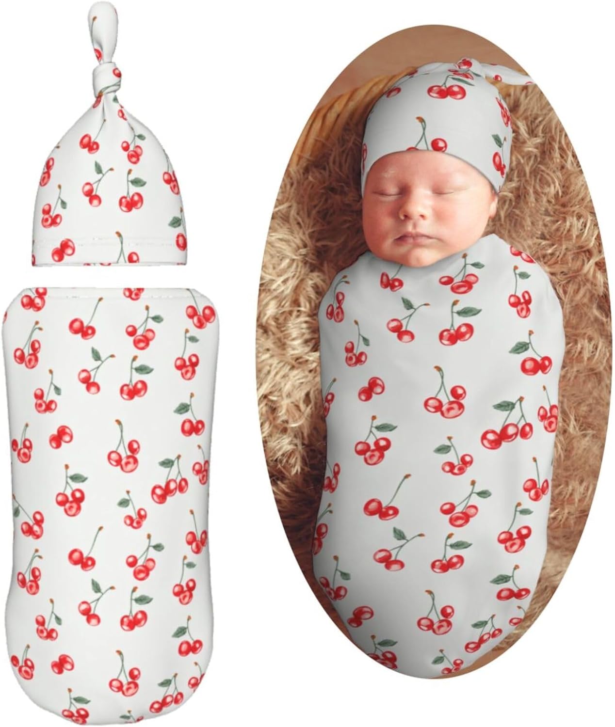 Small Red Cherries Swaddle Blanket Hat Set for Newborns