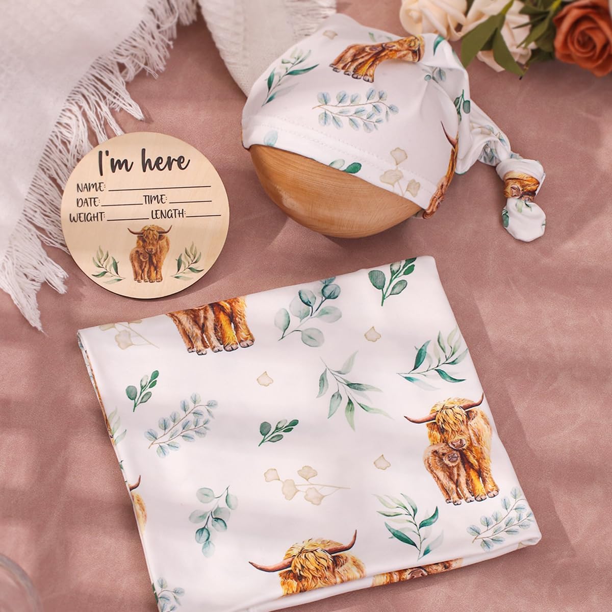Ylsteed Baby Highland Cow Swaddle Blanket Set