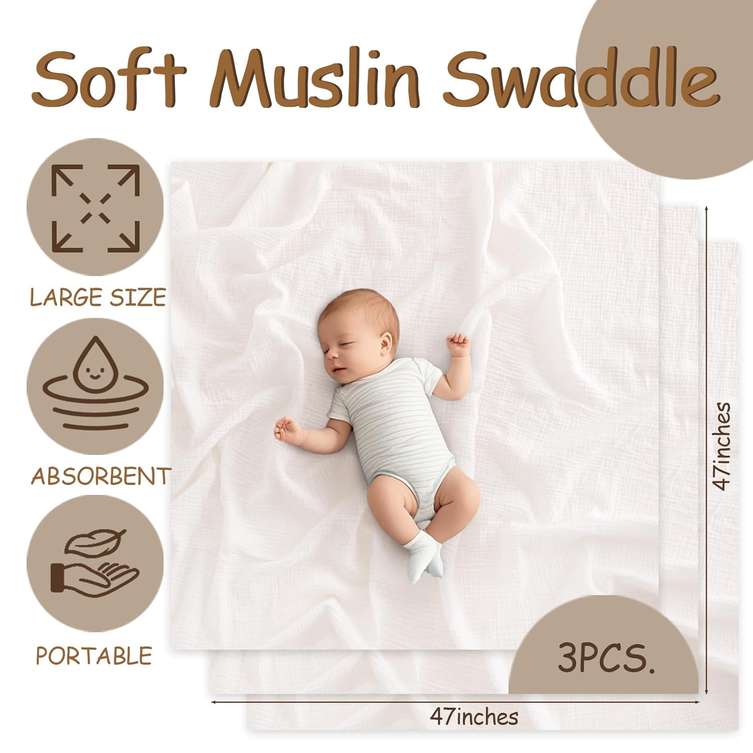Breebleep Muslin Swaddle Blankets - 3 Pack White 47x47 Inch