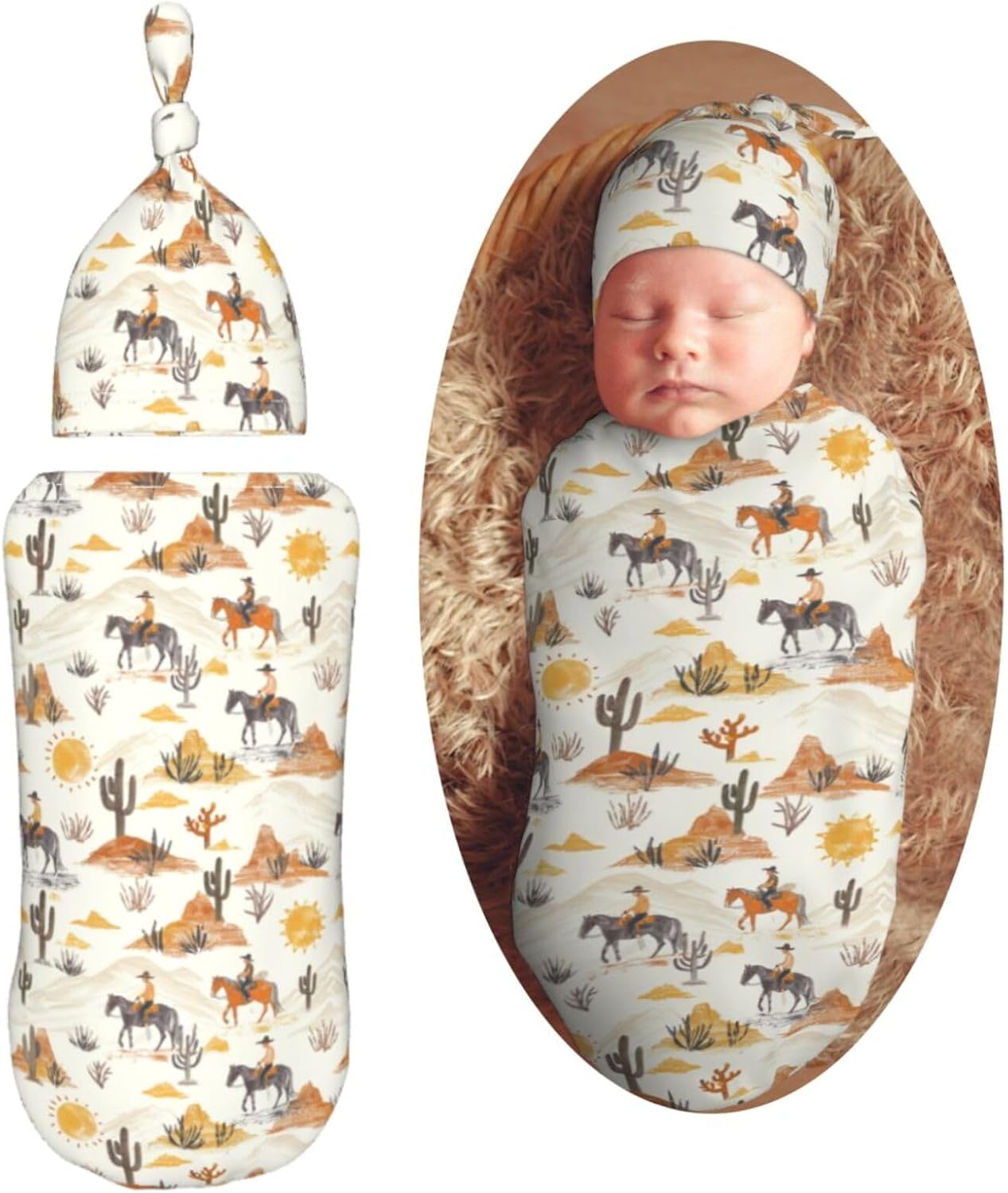 Soft Western Cowboys Horses Swaddle Blanket Set