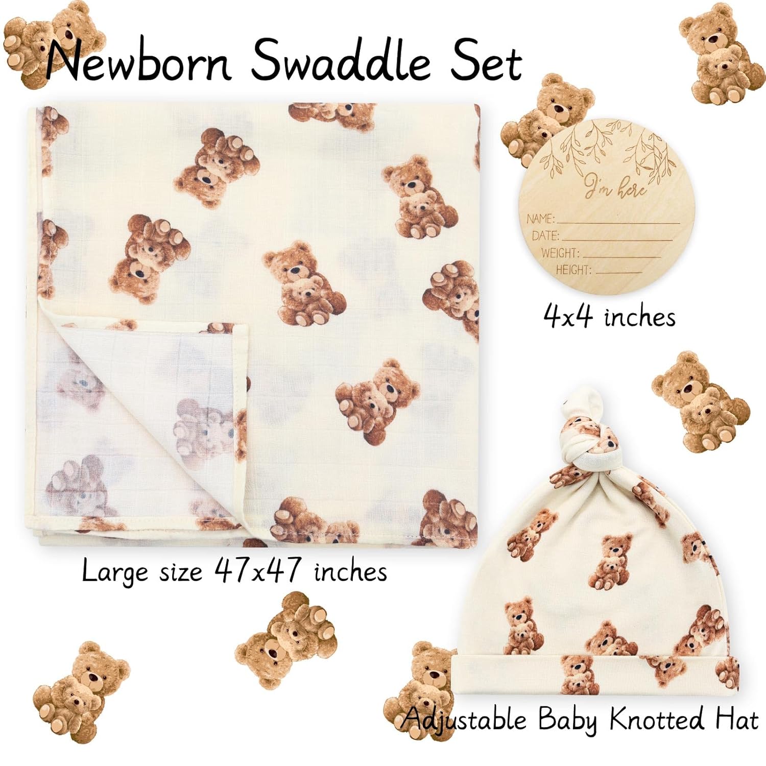 LifeTree Muslin Swaddle Blanket with Bear Hat Set