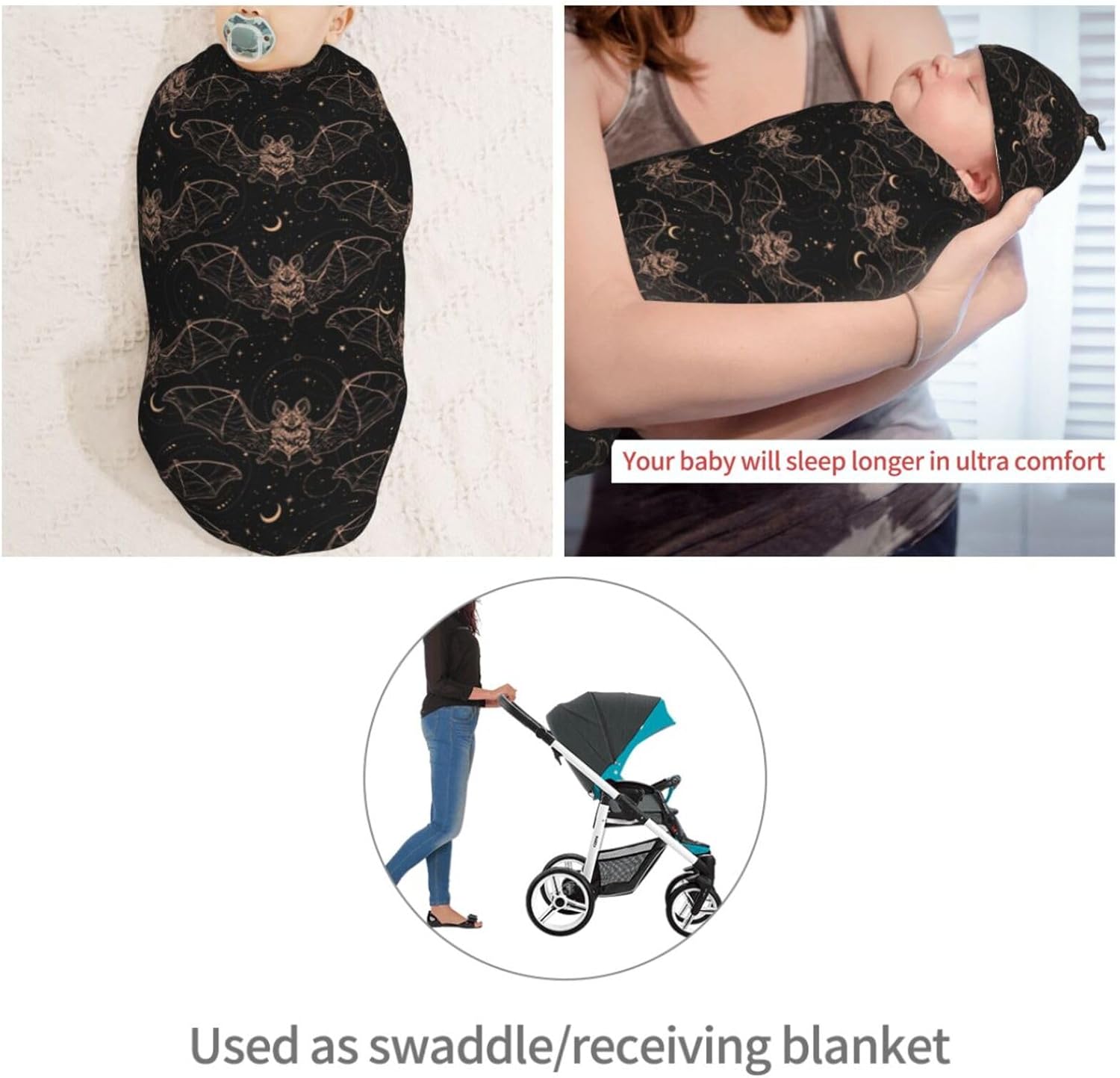 Night Bat Moon Newborn Swaddle Blanket Hat Set