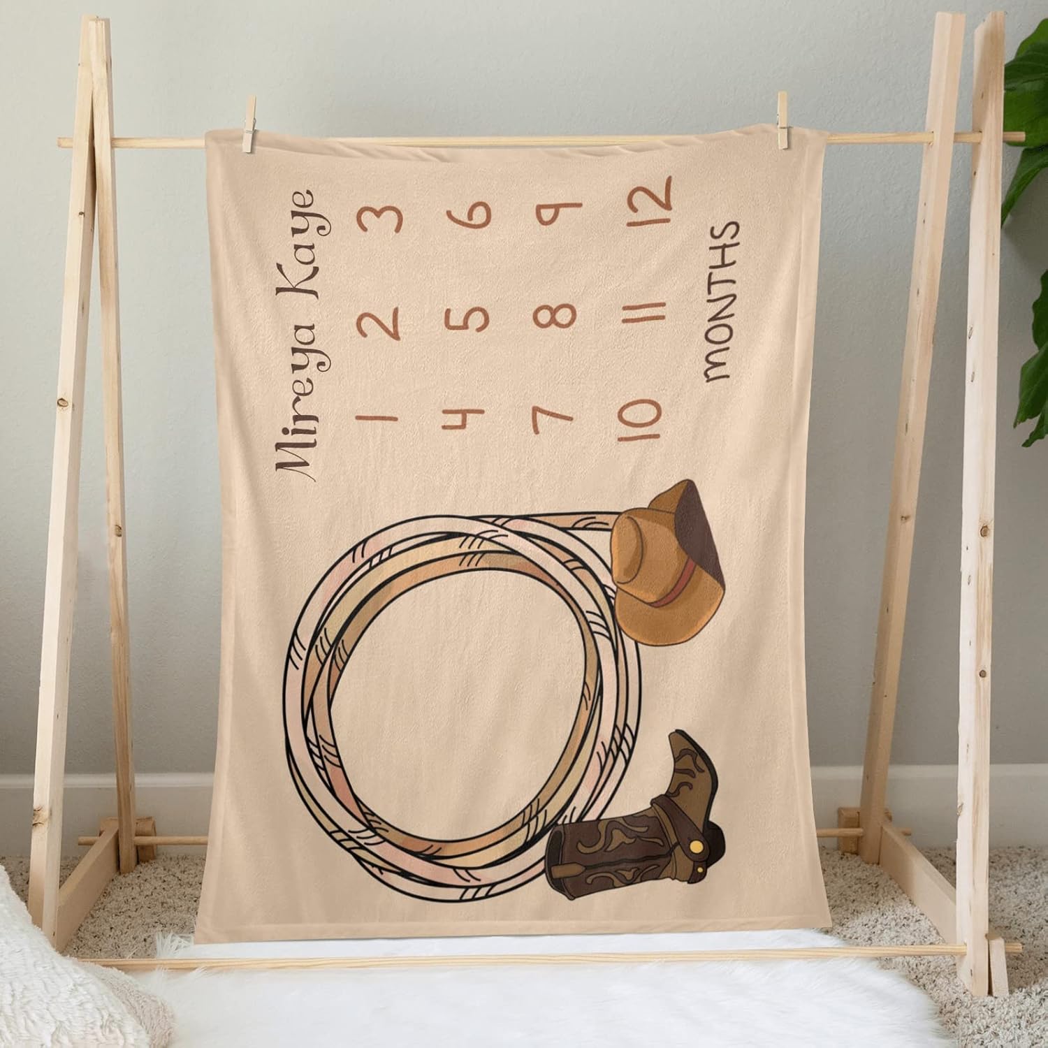 Deven Personalized Baby Blanket - Soft Cowboy Hat Boot Milestone Blanket 30x40 in