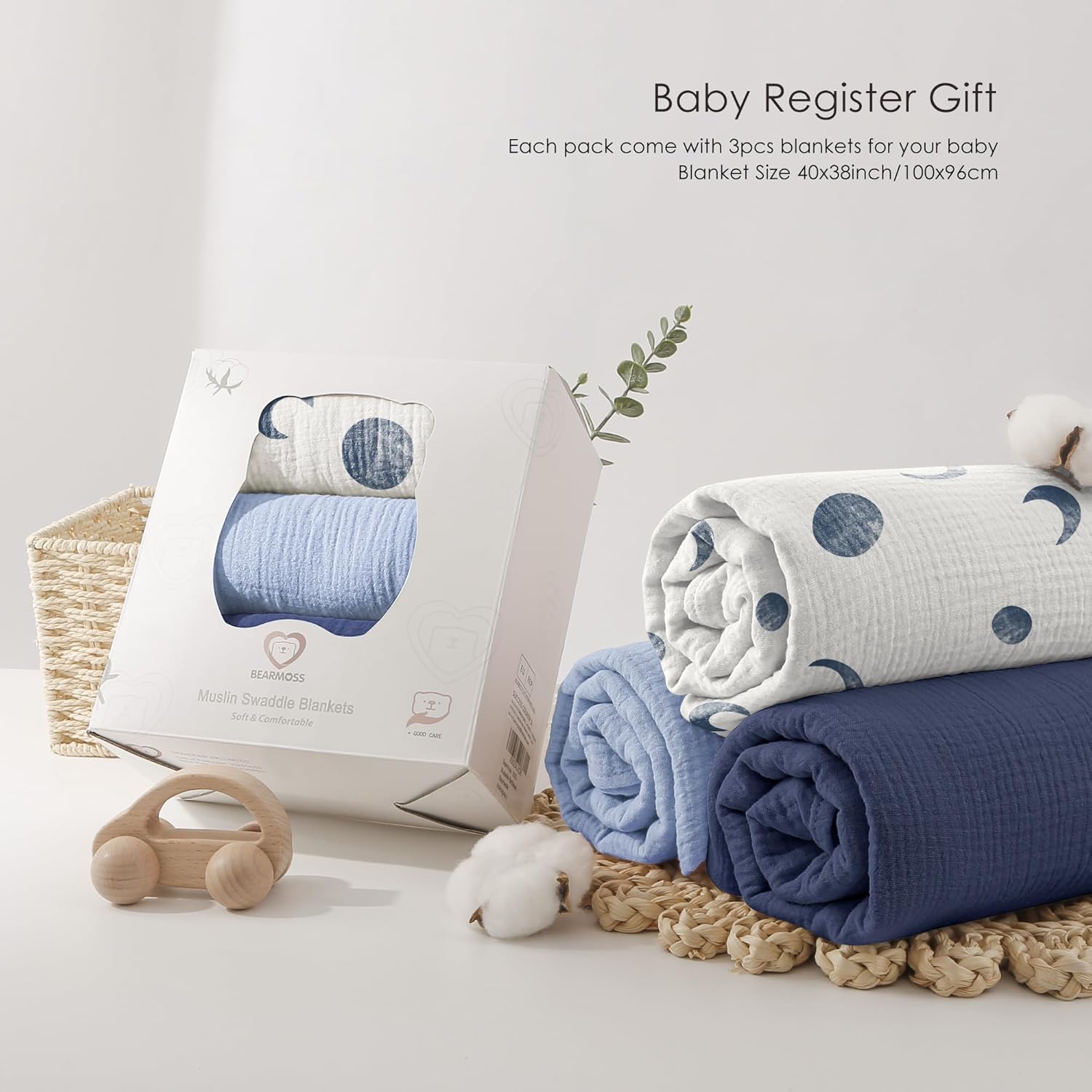 Bearmoss Swaddle Blankets 3 Pack - Soft Cotton 40x38 Inches