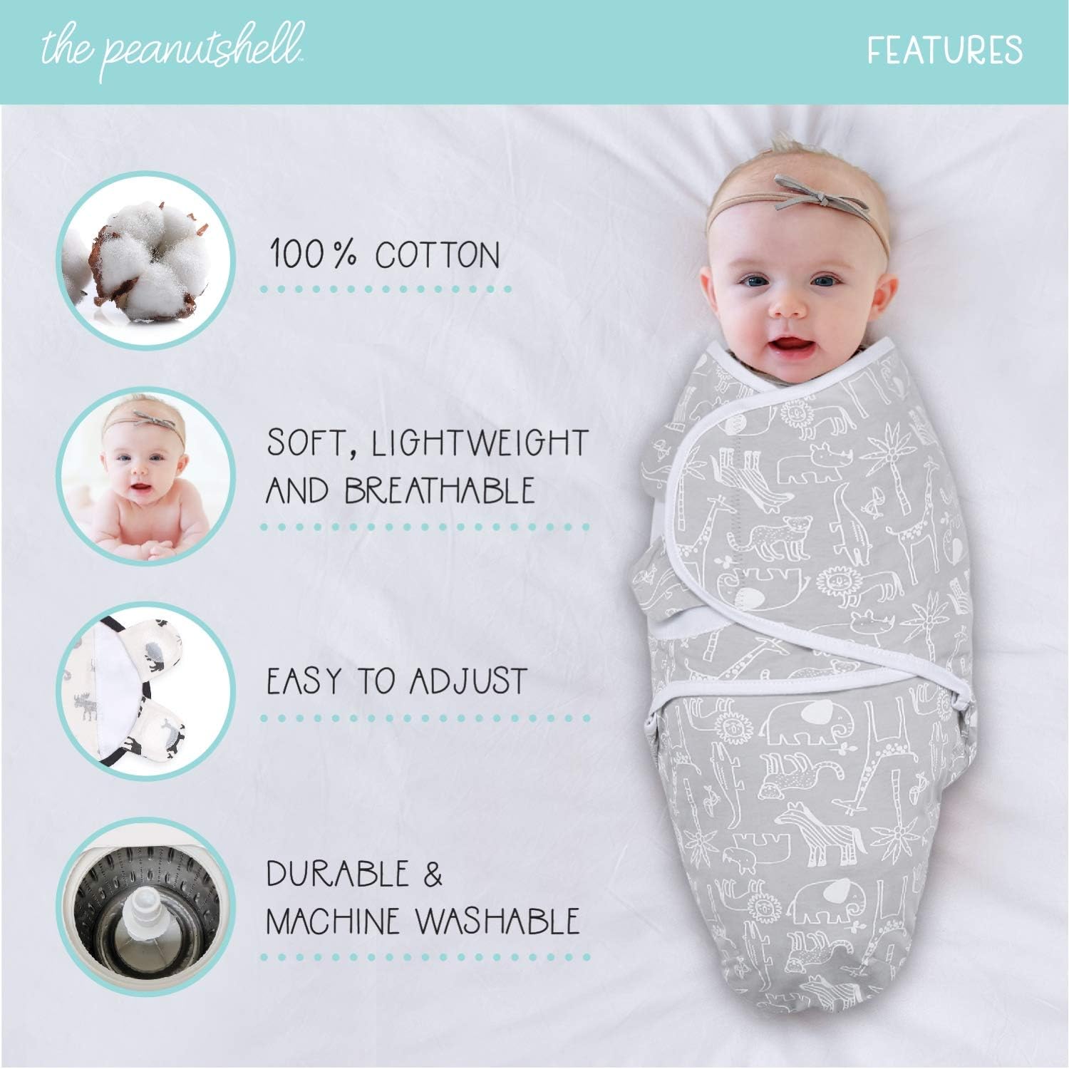 The Peanutshell Swaddle Blankets 3 Pack Grey Safari Stars
