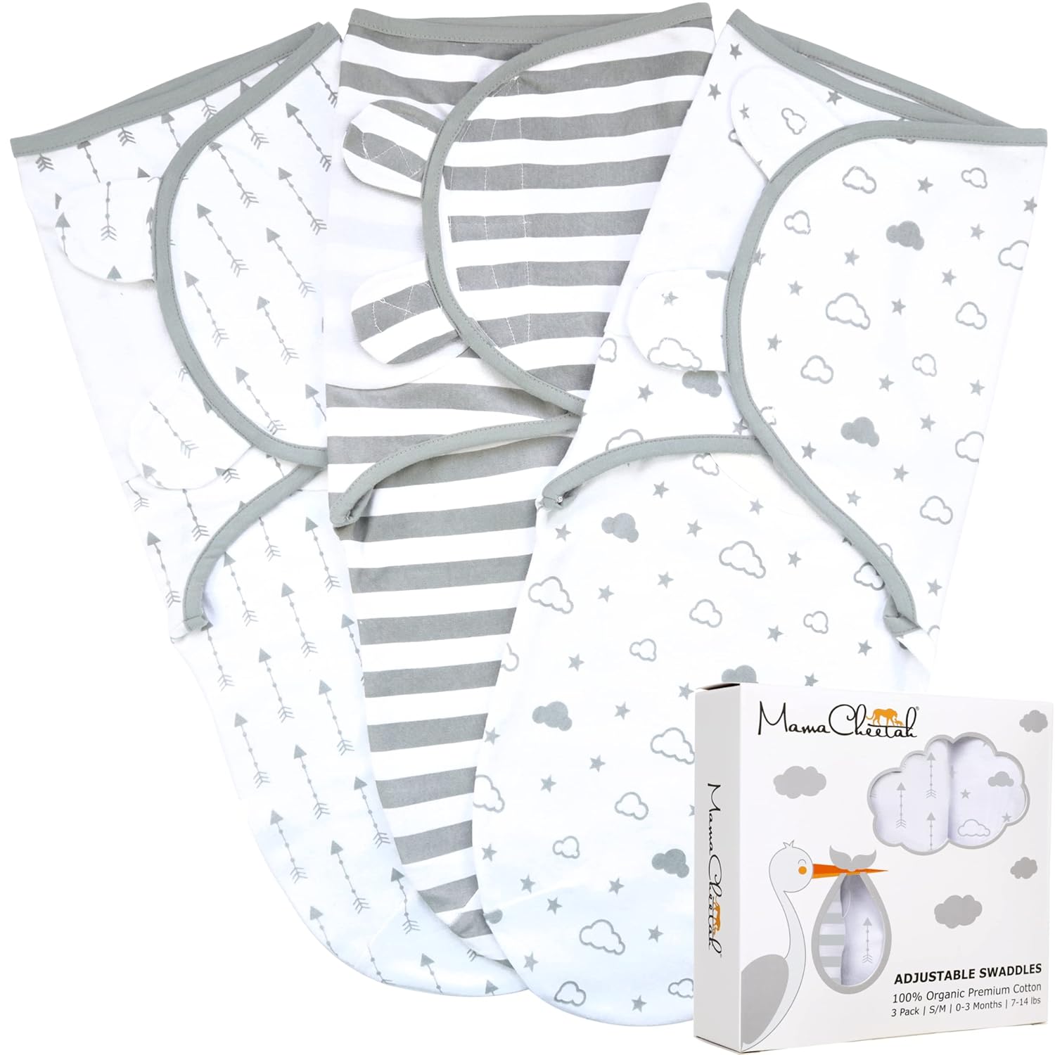 Mama Cheetah Organic Baby Swaddle Blanket 3-Pack Grey