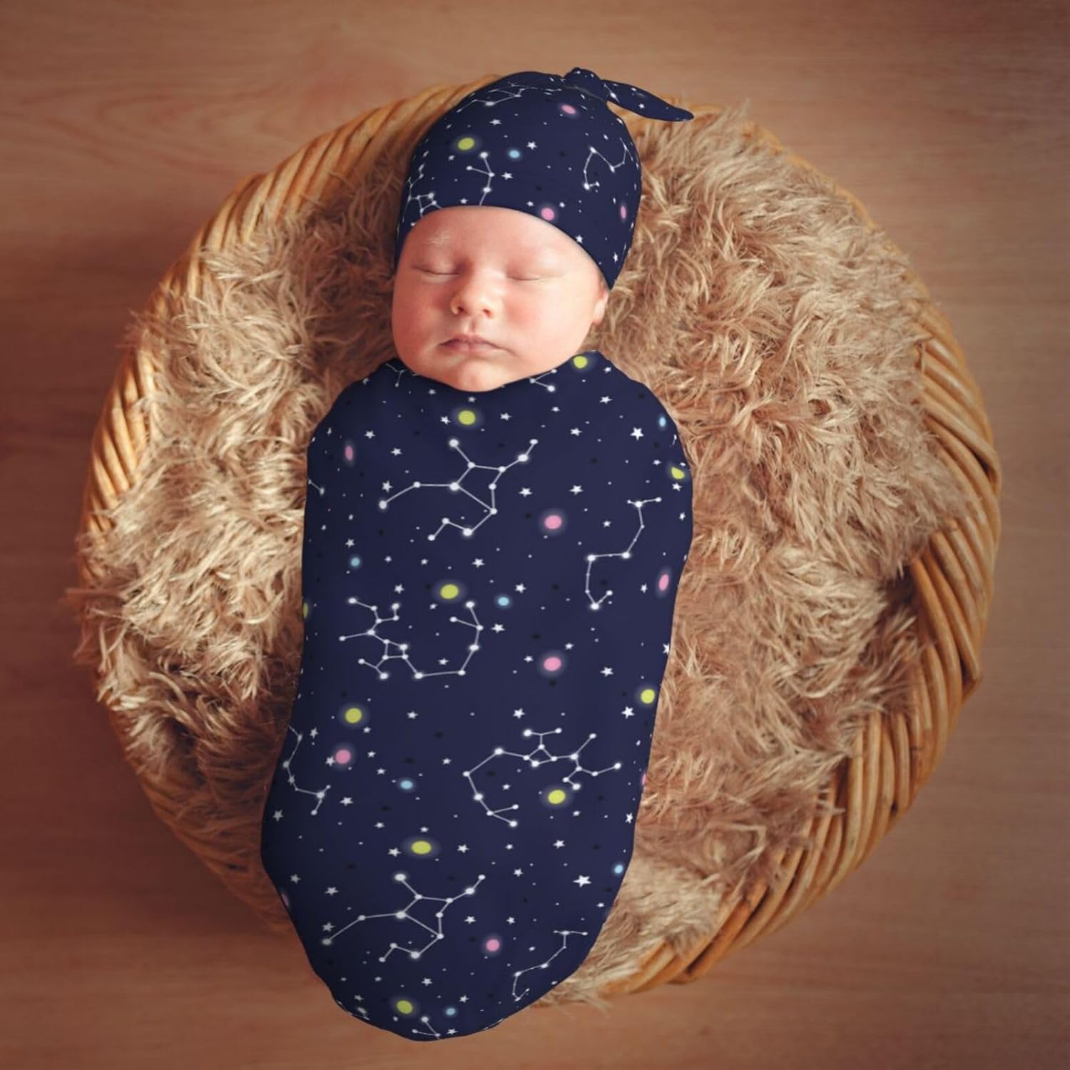 Muishi Space Stars Newborn Swaddle Blanket and Hat Set